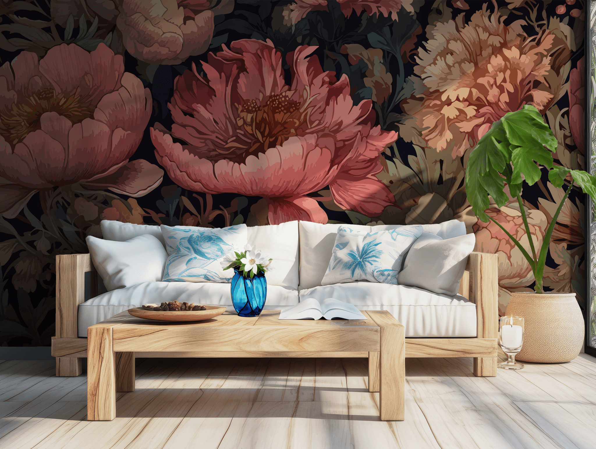 Soft Pastel Colors Vintage Botanical Floral Art Lush Peonies Self Adhesive Peel and Stick Wall Mural Dark Background Romantic BV345