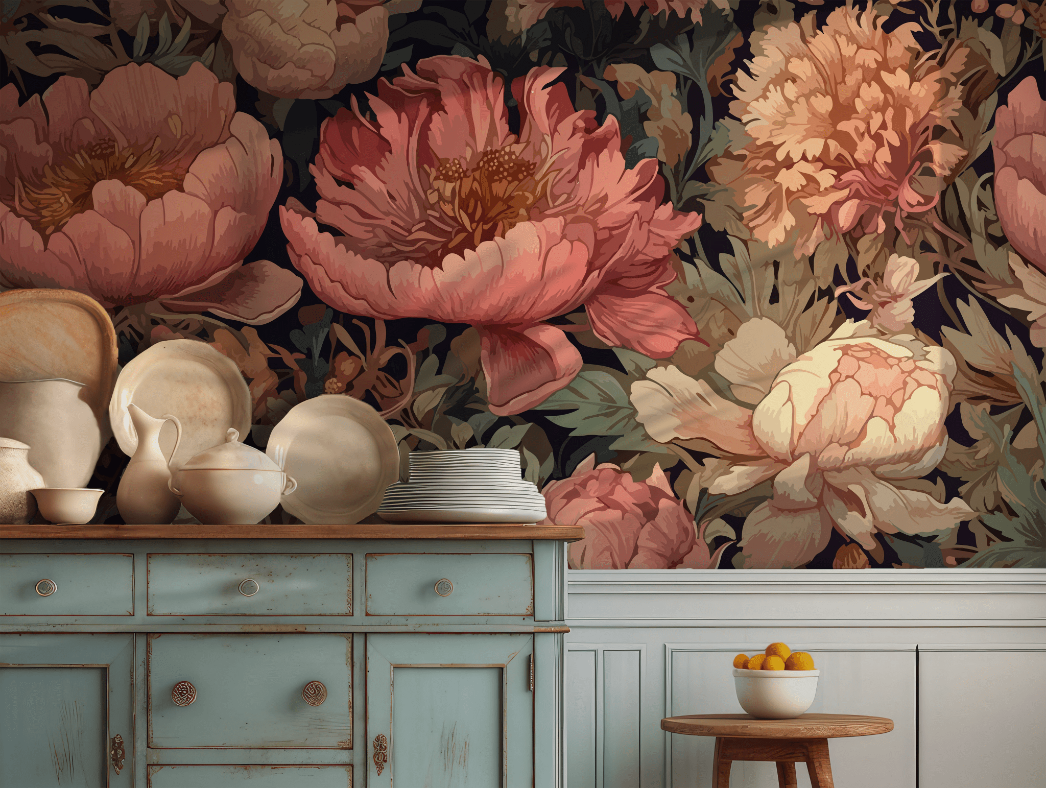 Soft Pastel Colors Vintage Botanical Floral Art Lush Peonies Self Adhesive Peel and Stick Wall Mural Dark Background Romantic BV345