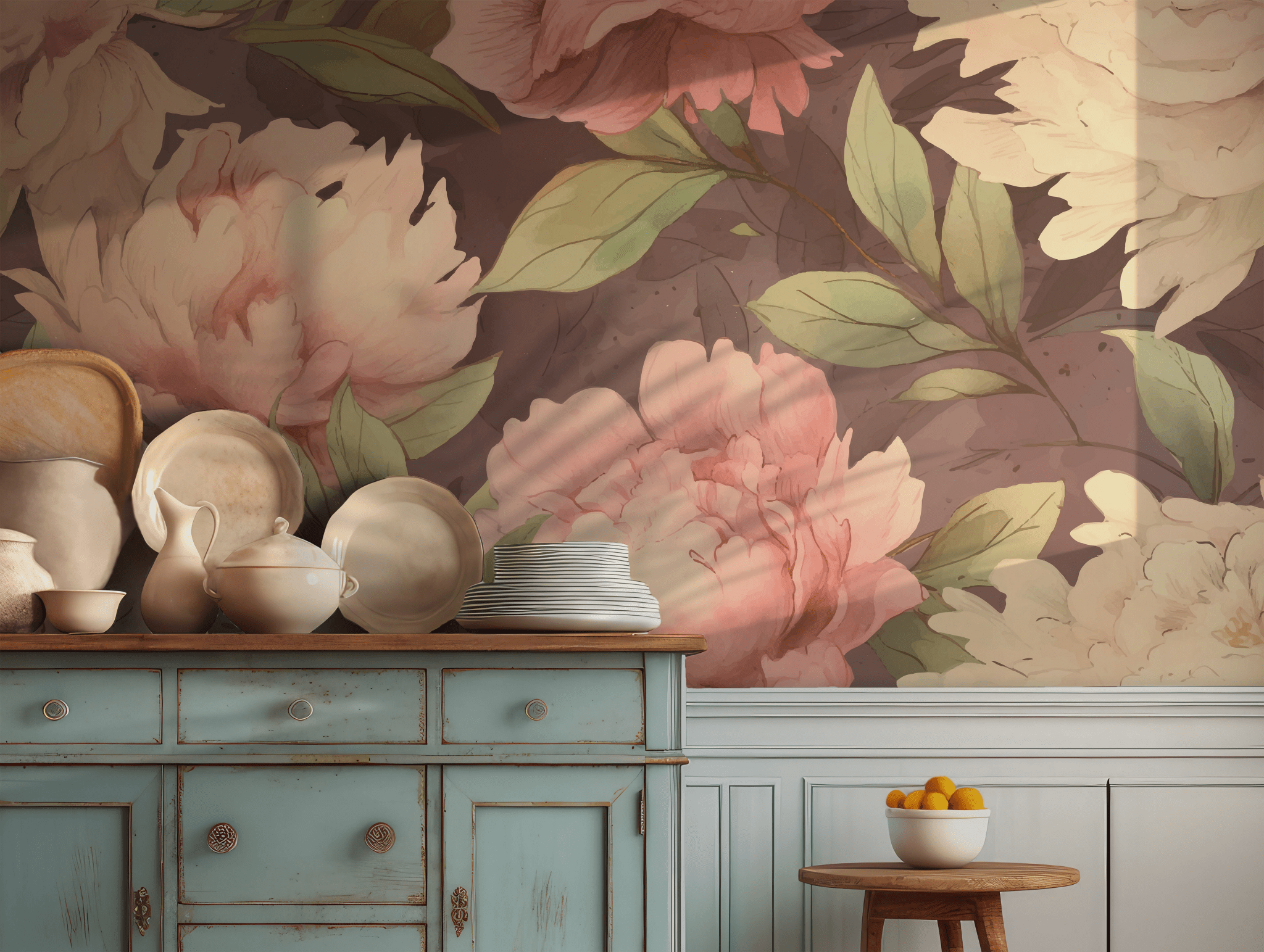 Soft Pink and Cream Romantic Peony Floral Vintage Botanical Self Adhesive Peel and Stick Wall Mural Deep Mauve Background BV342