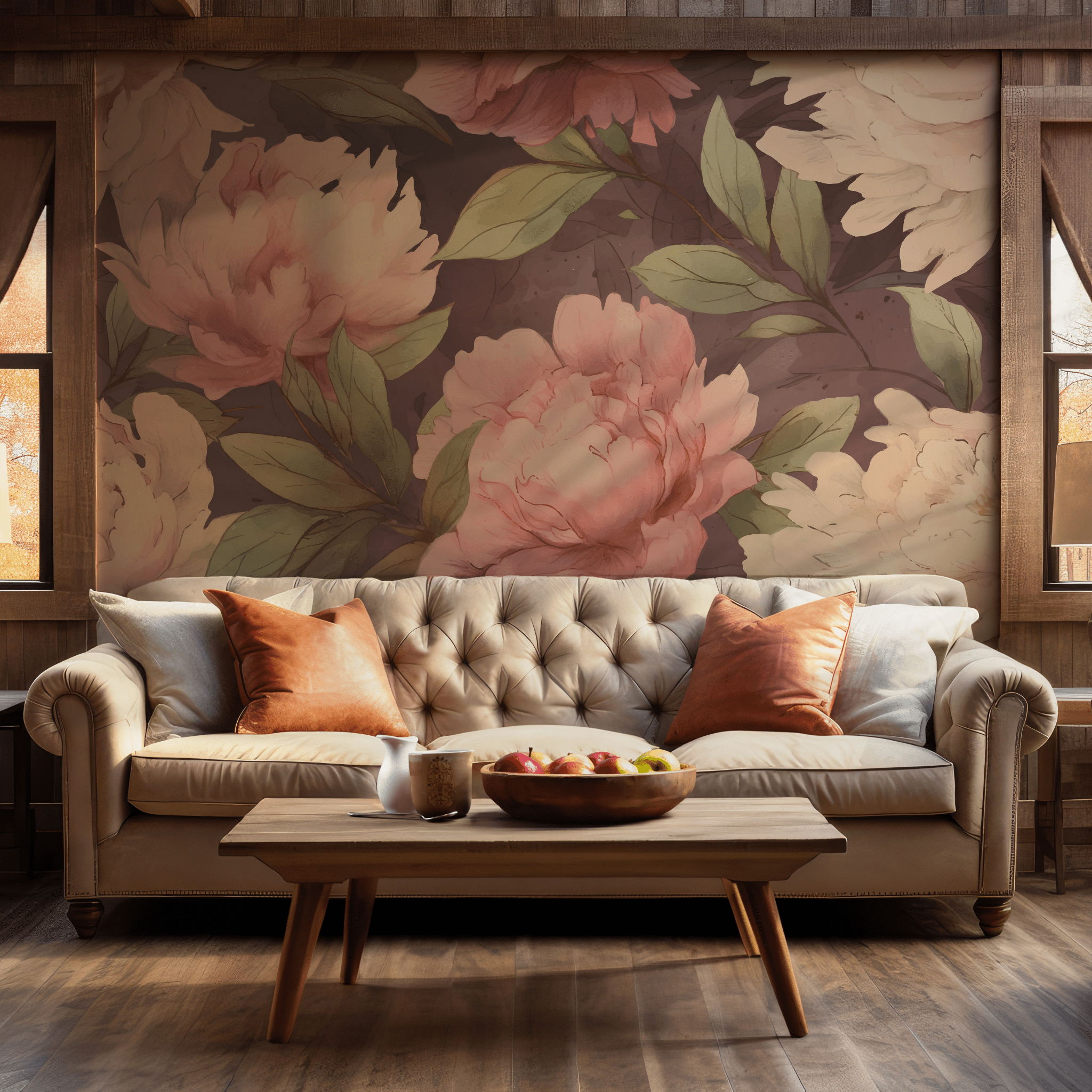 Soft Pink and Cream Romantic Peony Floral Vintage Botanical Self Adhesive Peel and Stick Wall Mural Deep Mauve Background BV342