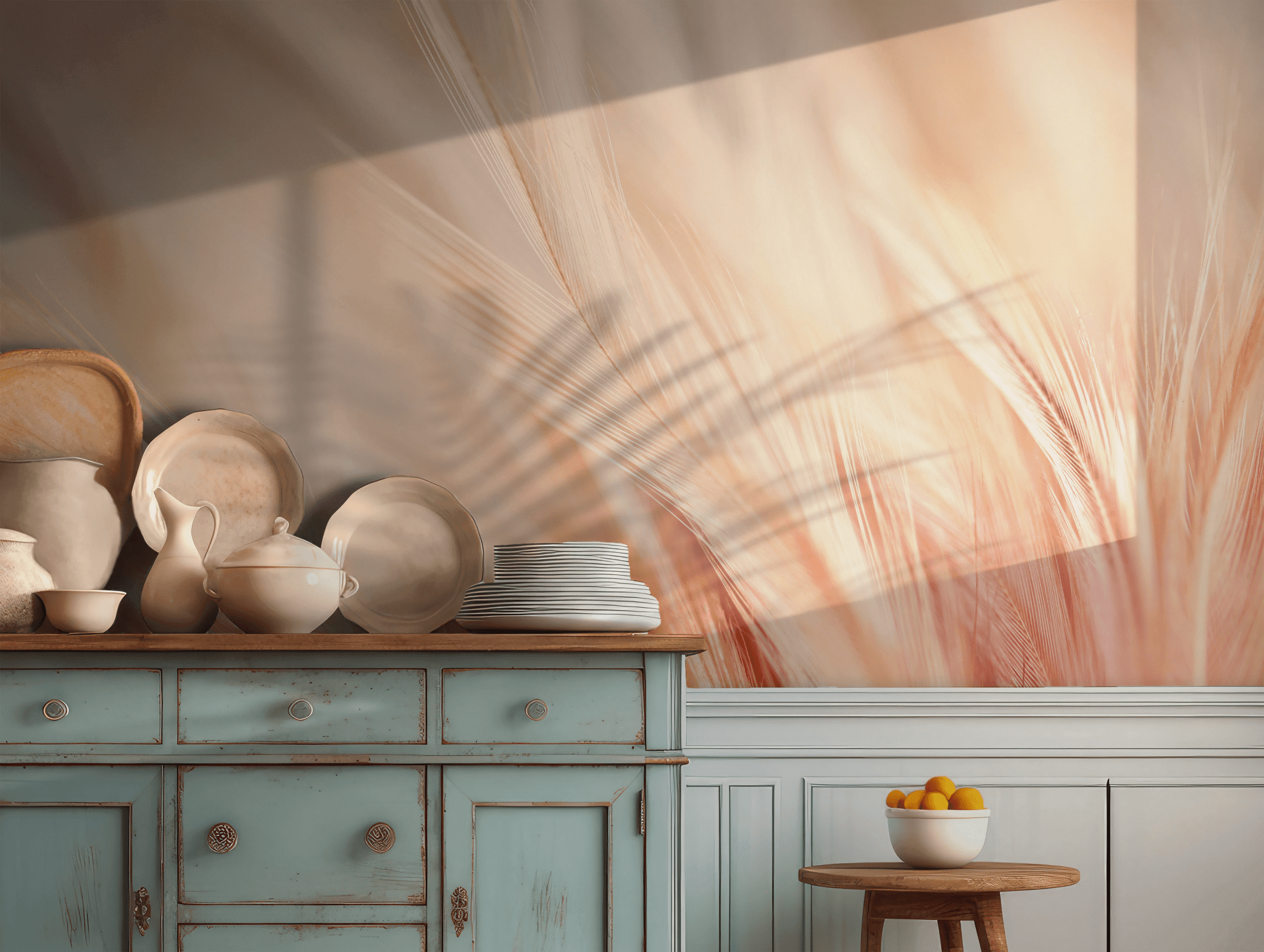 Beige and Peach Tones Wallpaper - Peel and Stick Wall Mural - Warm Abstract Feather Dreamy BV343