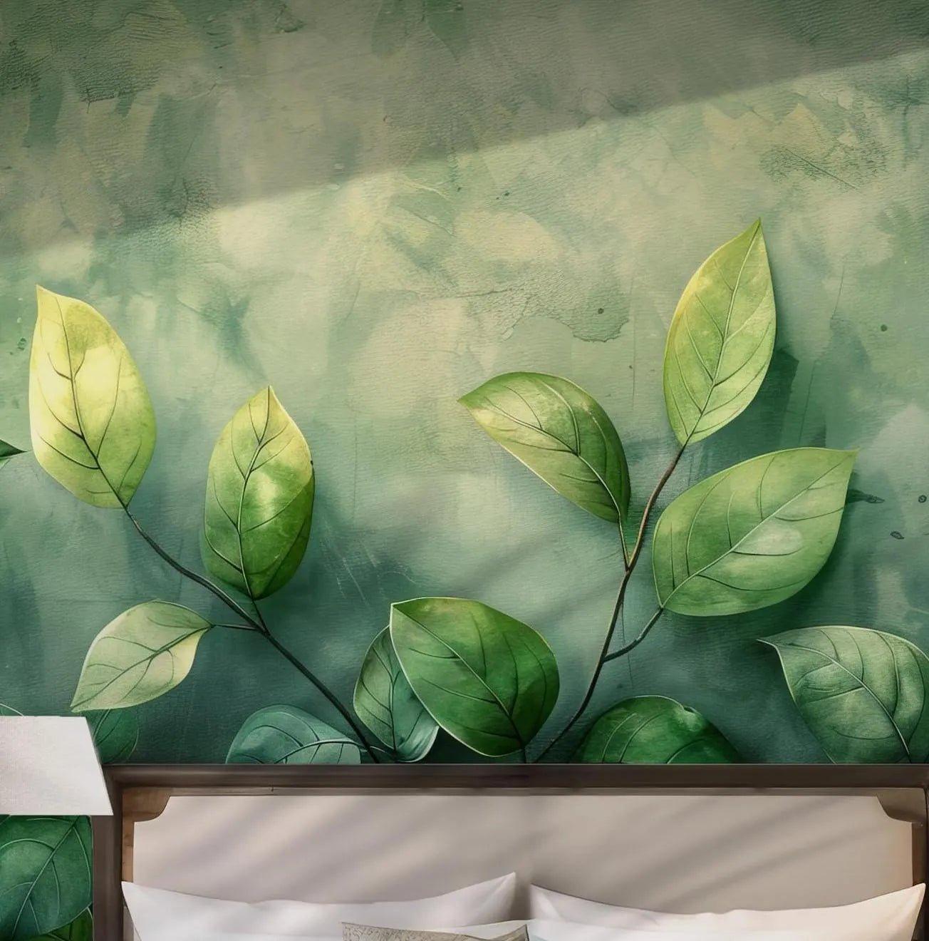 Spring Green Wall Mural - Peel and Stick Temporary Wallpaper - Floral Watercolor Botanical Leaves BV178
