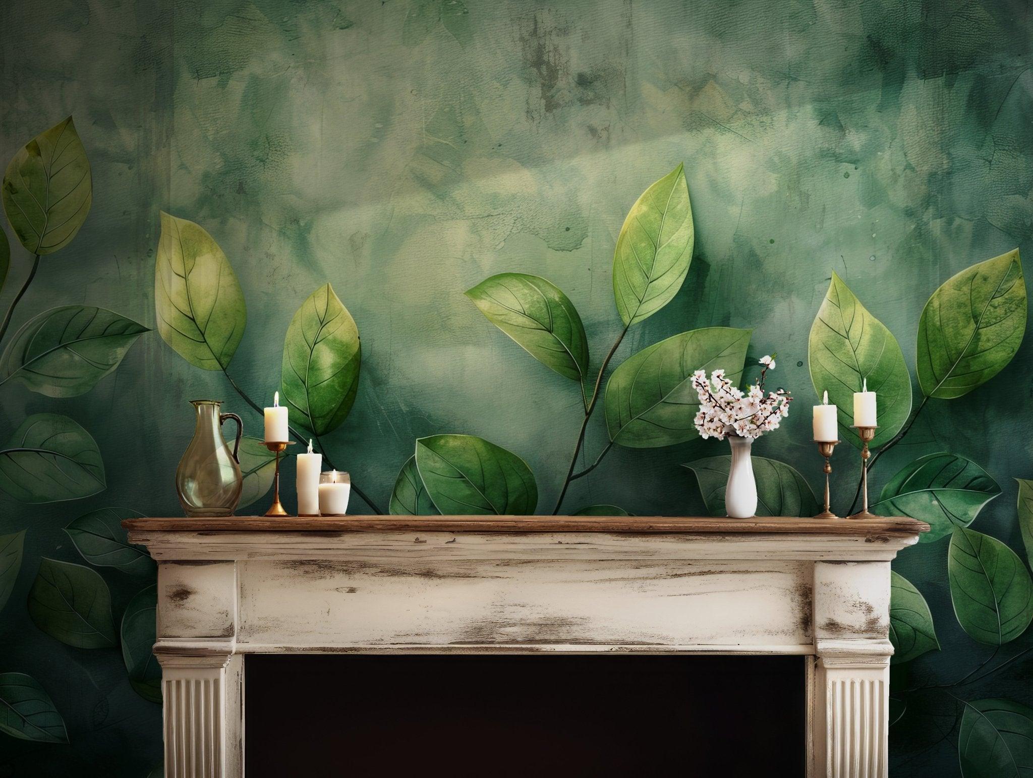 Spring Green Wall Mural - Peel and Stick Temporary Wallpaper - Floral Watercolor Botanical Leaves BV178
