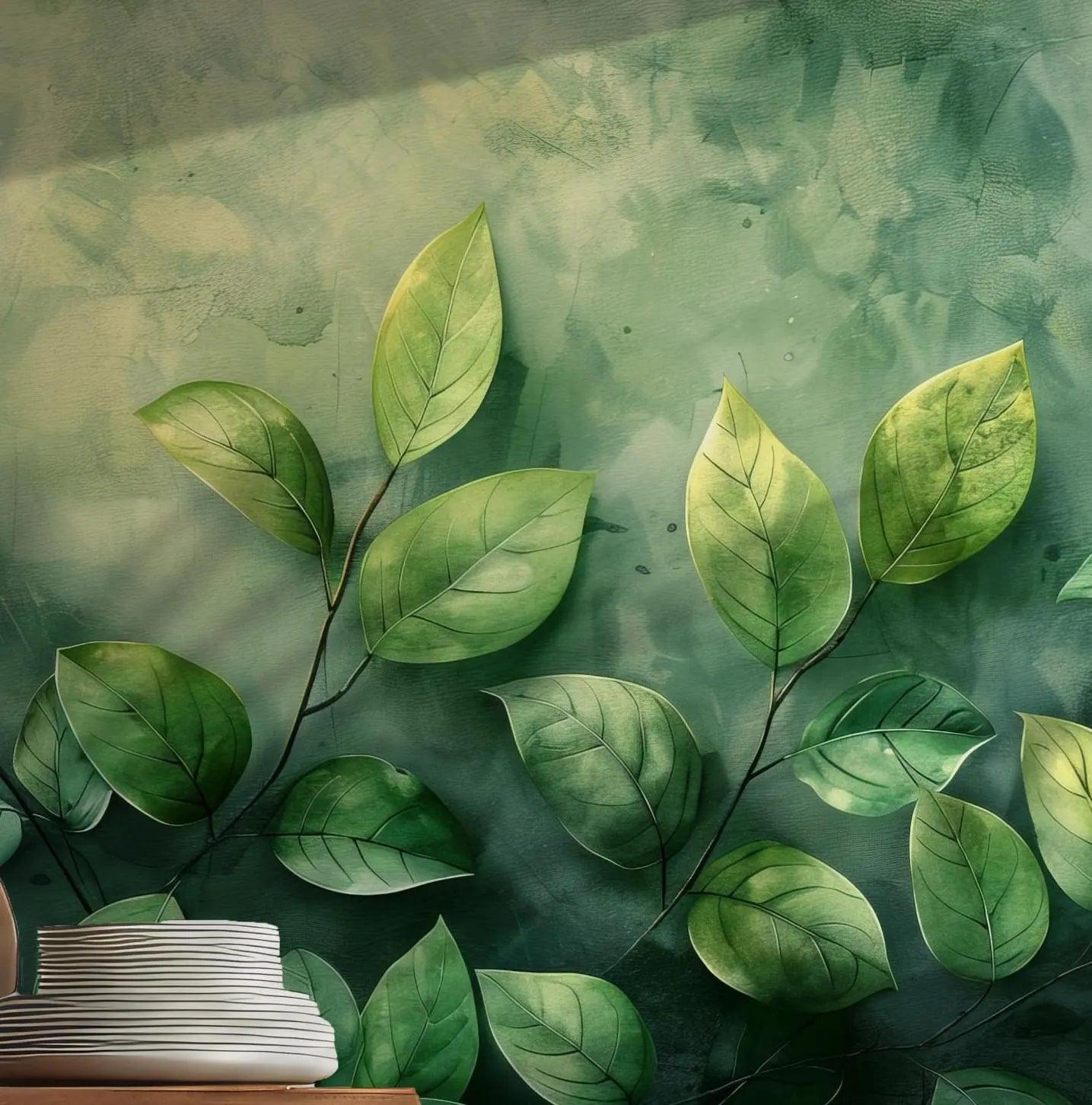 Spring Green Wall Mural - Peel and Stick Temporary Wallpaper - Floral Watercolor Botanical Leaves BV178