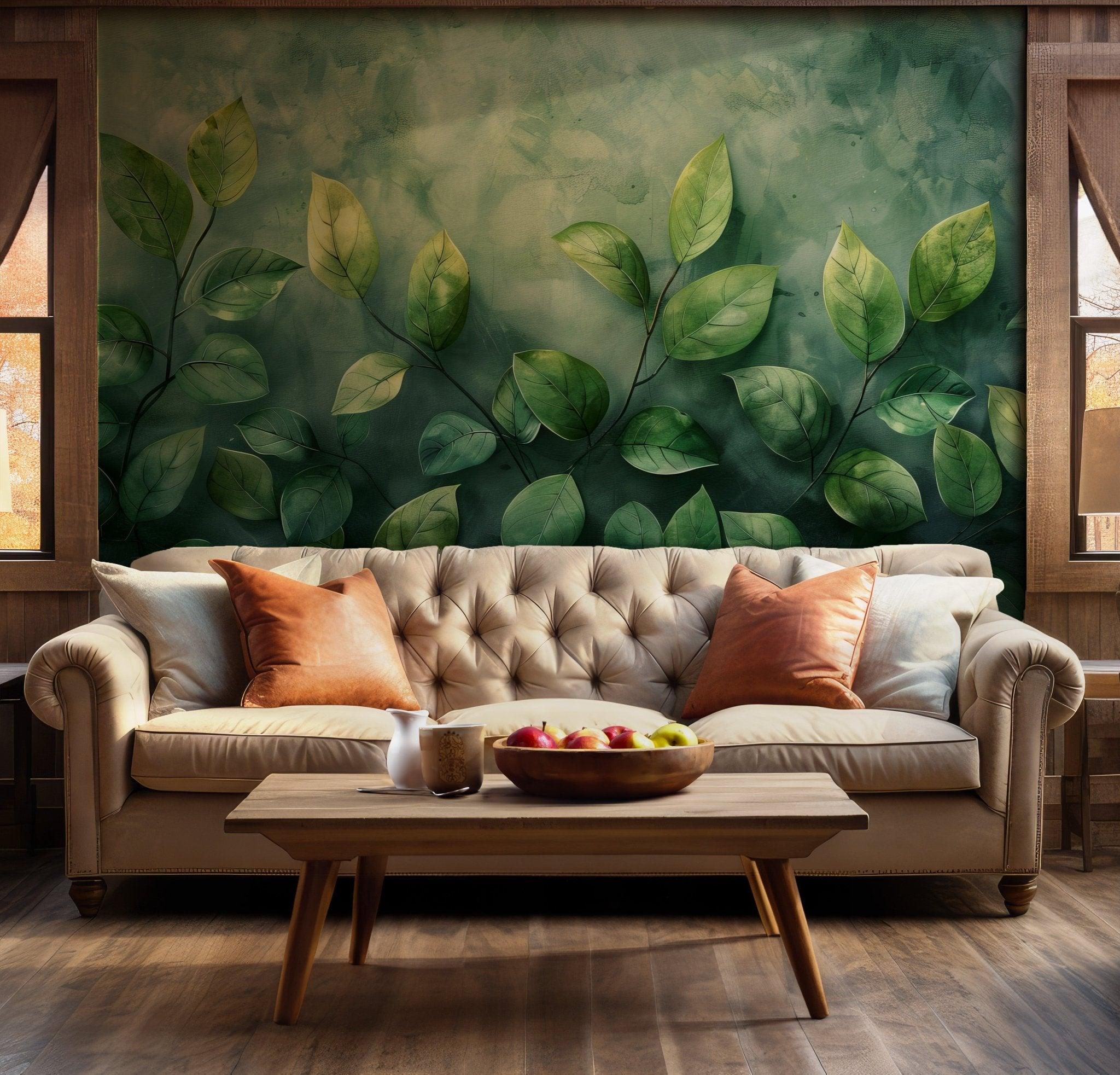 Spring Green Wall Mural - Peel and Stick Temporary Wallpaper - Floral Watercolor Botanical Leaves BV178