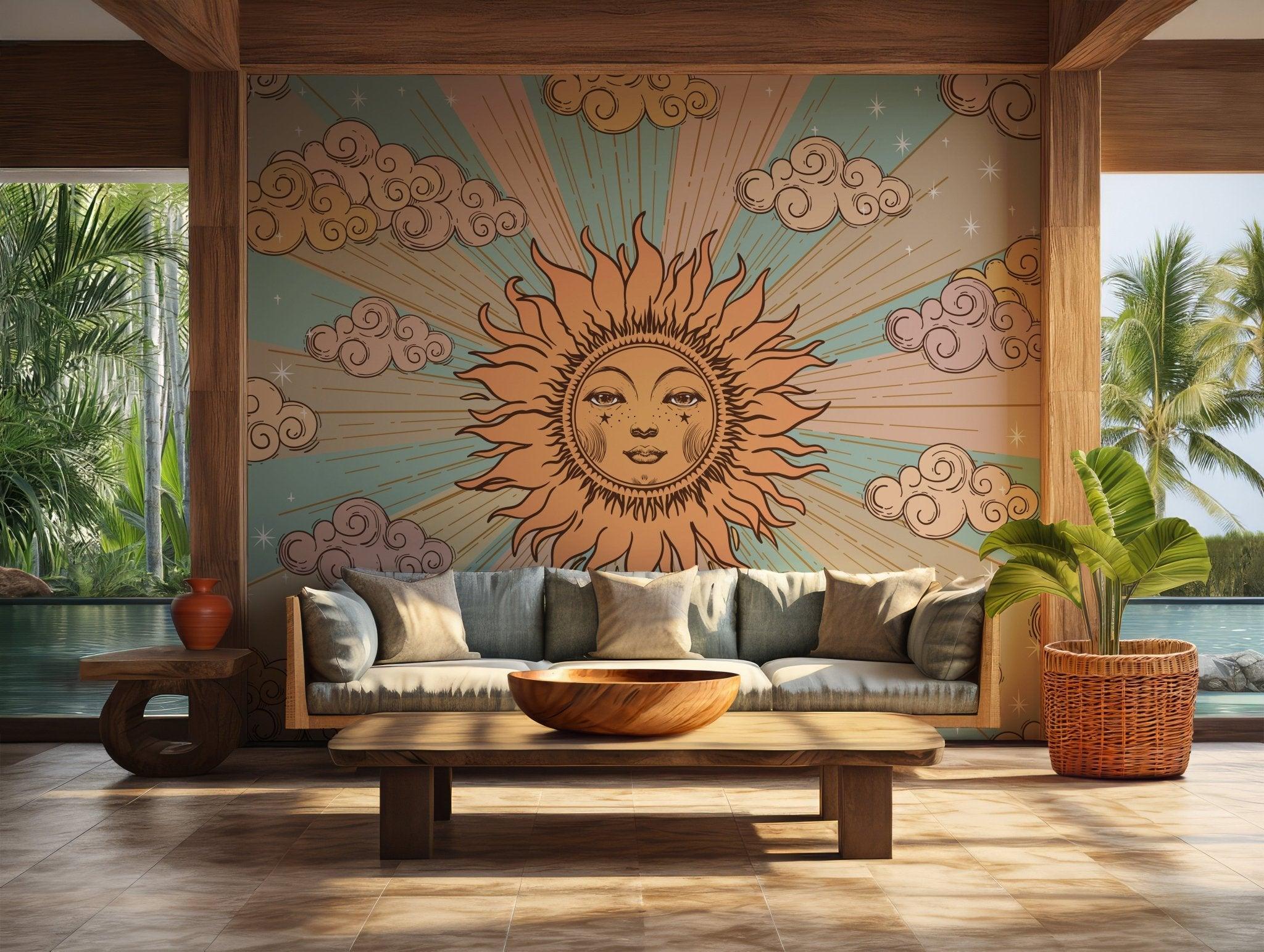 Sun Moon Clouds Tarot Wall Mural - Wallpaper Pink Yellow Blue - Bohemian Goddess BV224