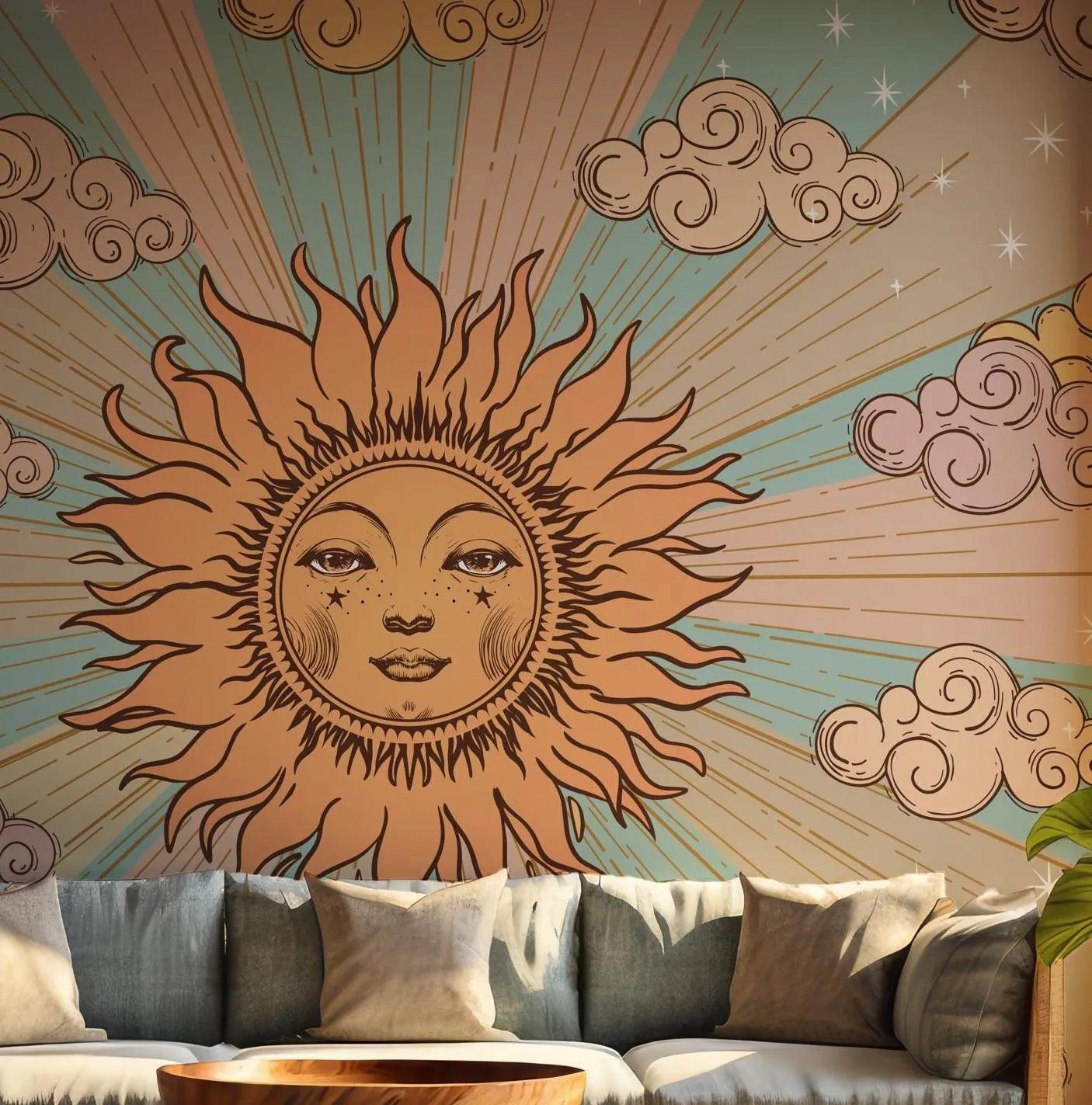 Sun Moon Clouds Tarot Wall Mural - Wallpaper Pink Yellow Blue - Bohemian Goddess BV224