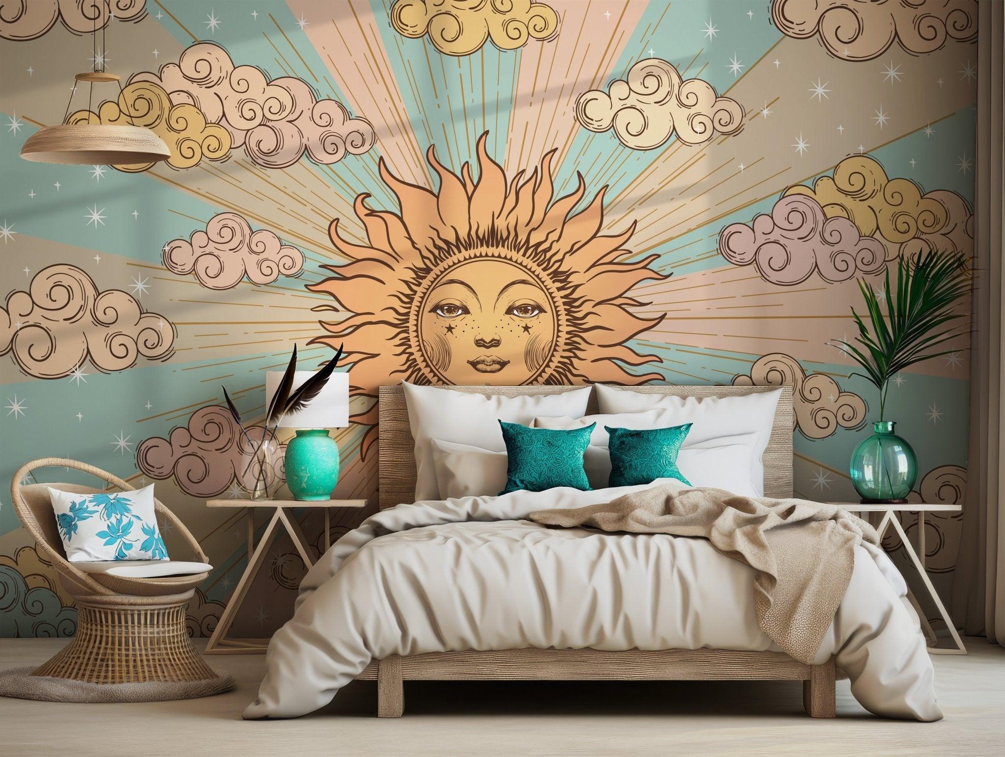 Sun Moon Clouds Tarot Wall Mural - Wallpaper Pink Yellow Blue - Bohemian Goddess BV224