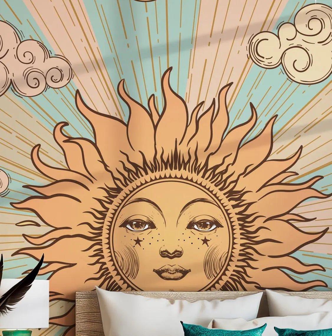 Sun Moon Clouds Tarot Wall Mural - Wallpaper Pink Yellow Blue - Bohemian Goddess BV224