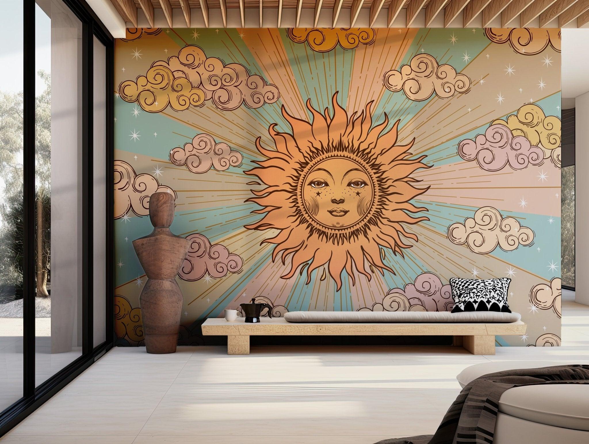 Sun Moon Clouds Tarot Wall Mural - Wallpaper Pink Yellow Blue - Bohemian Goddess BV224