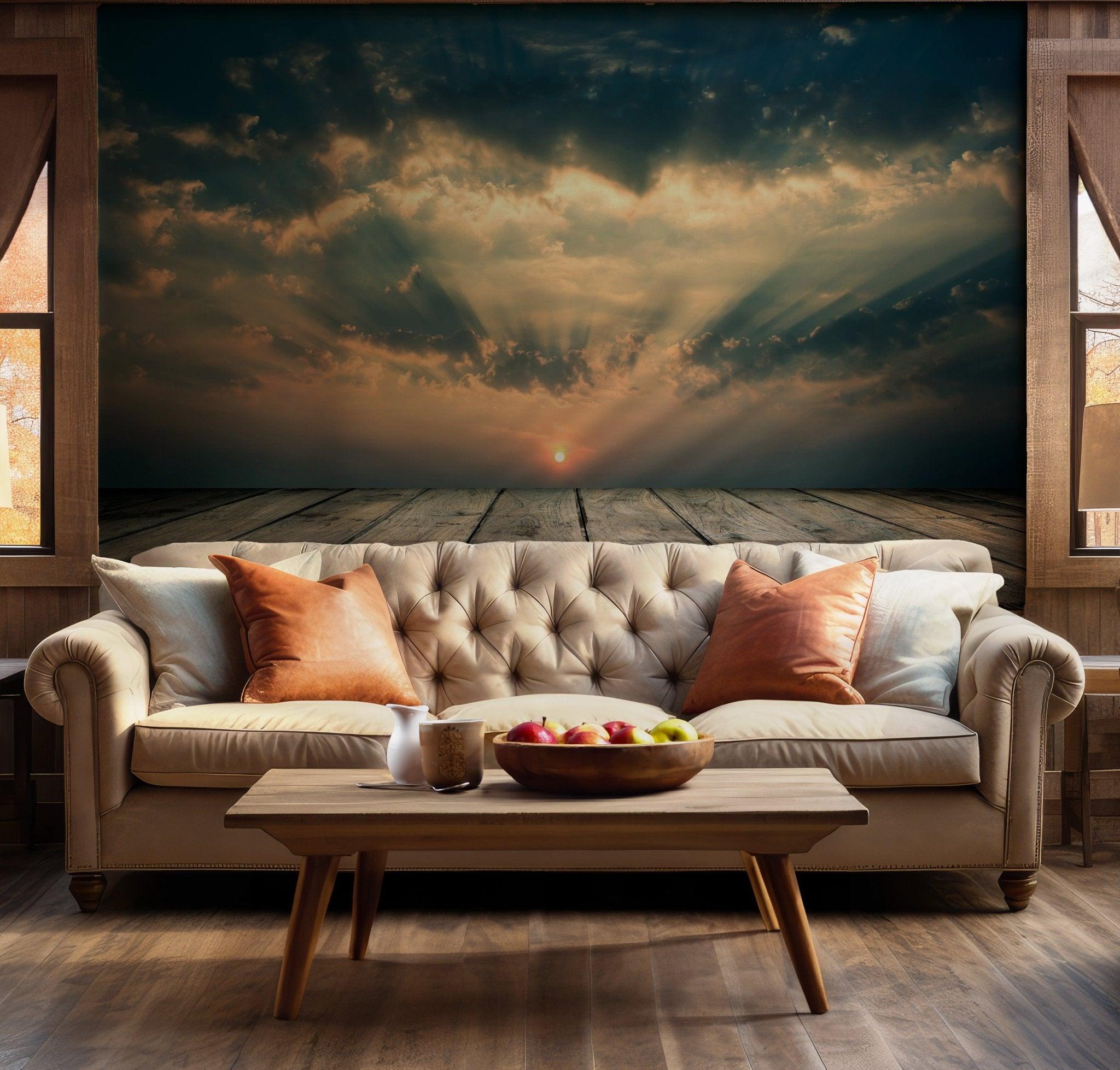 Sunrise Sky Wallpaper - Self Adhesive Peel and Stick Wall Mural - Wooden Plank Rustic Design BV265