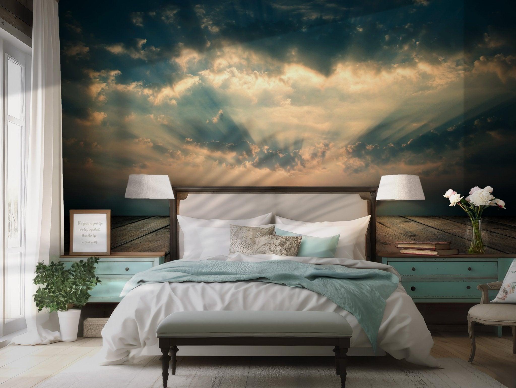 Sunrise Sky Wallpaper - Self Adhesive Peel and Stick Wall Mural - Wooden Plank Rustic Design BV265