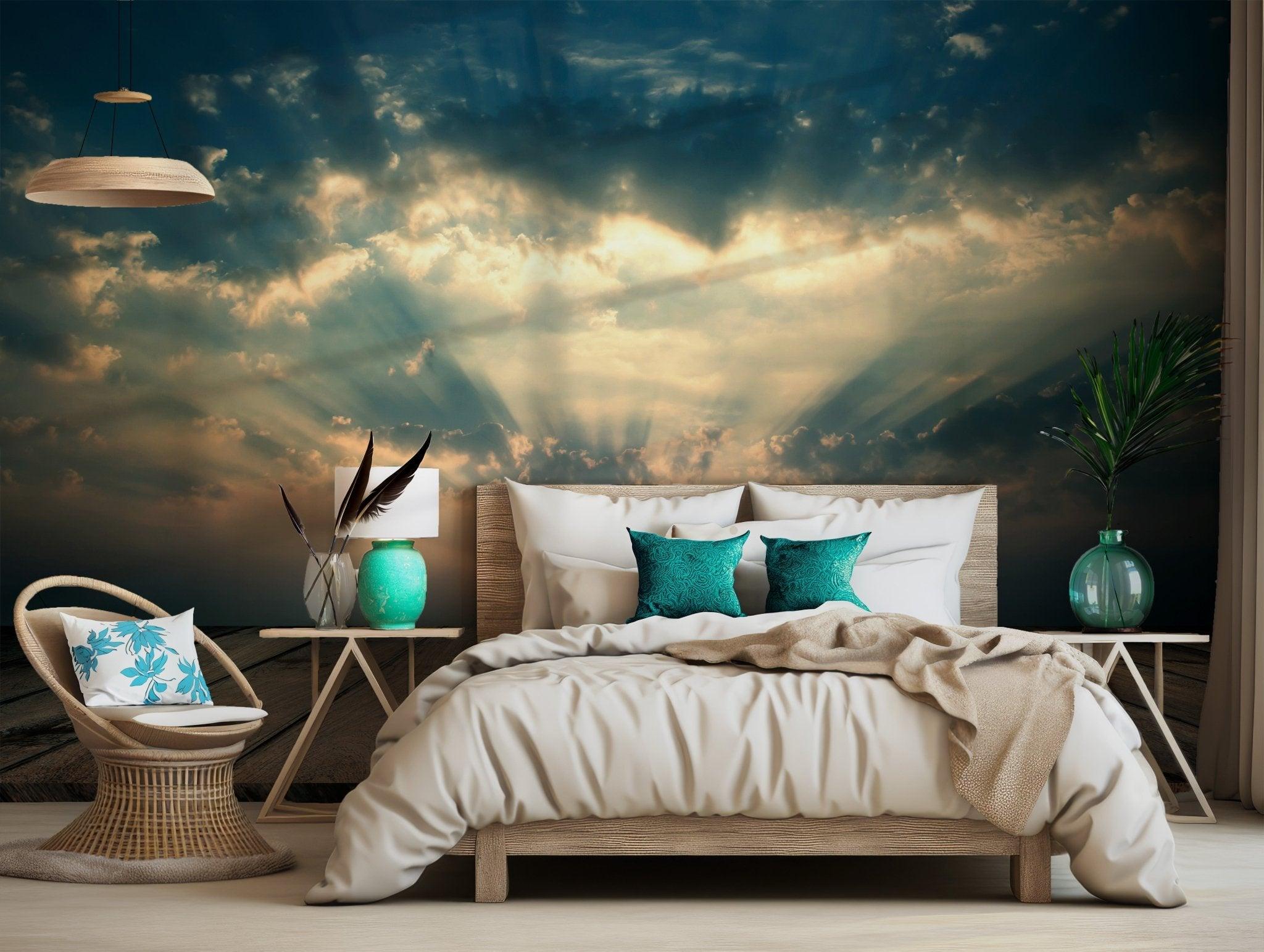 Sunrise Sky Wallpaper - Self Adhesive Peel and Stick Wall Mural - Wooden Plank Rustic Design BV265