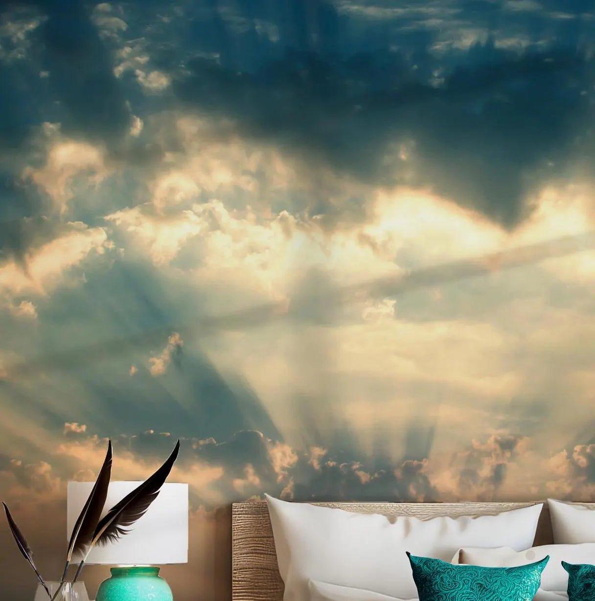 Sunrise Sky Wallpaper - Self Adhesive Peel and Stick Wall Mural - Wooden Plank Rustic Design BV265