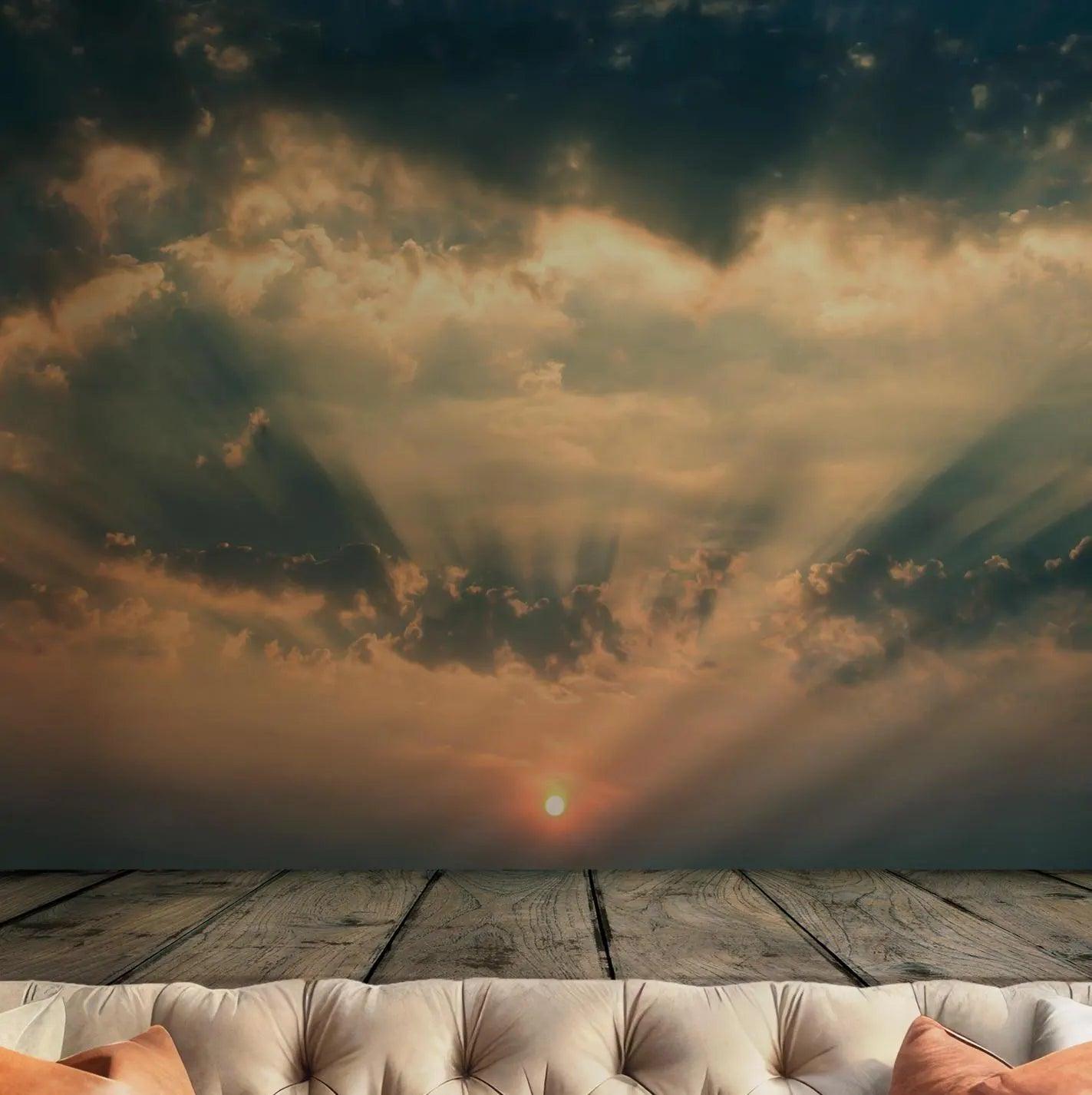Sunrise Sky Wallpaper - Self Adhesive Peel and Stick Wall Mural - Wooden Plank Rustic Design BV265