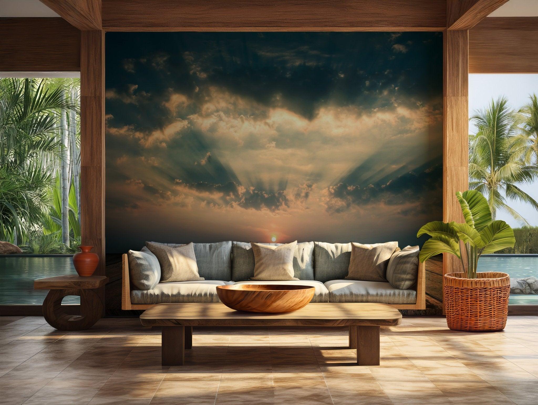 Sunrise Sky Wallpaper - Self Adhesive Peel and Stick Wall Mural - Wooden Plank Rustic Design BV265