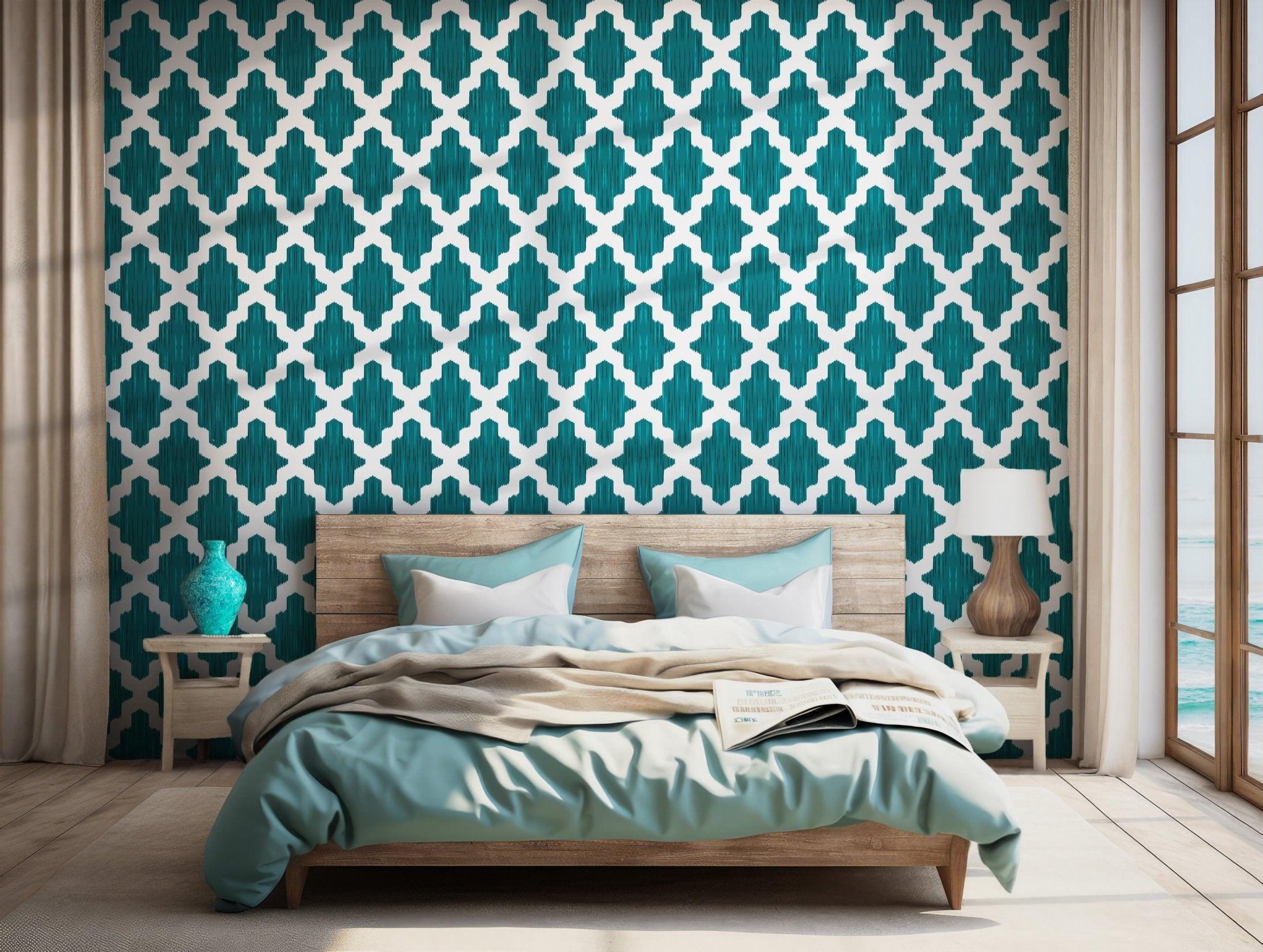 Teal Geometric Modern Wallpaper - Self Adhesive - Eclectic Stylish Tribal Boho BV234