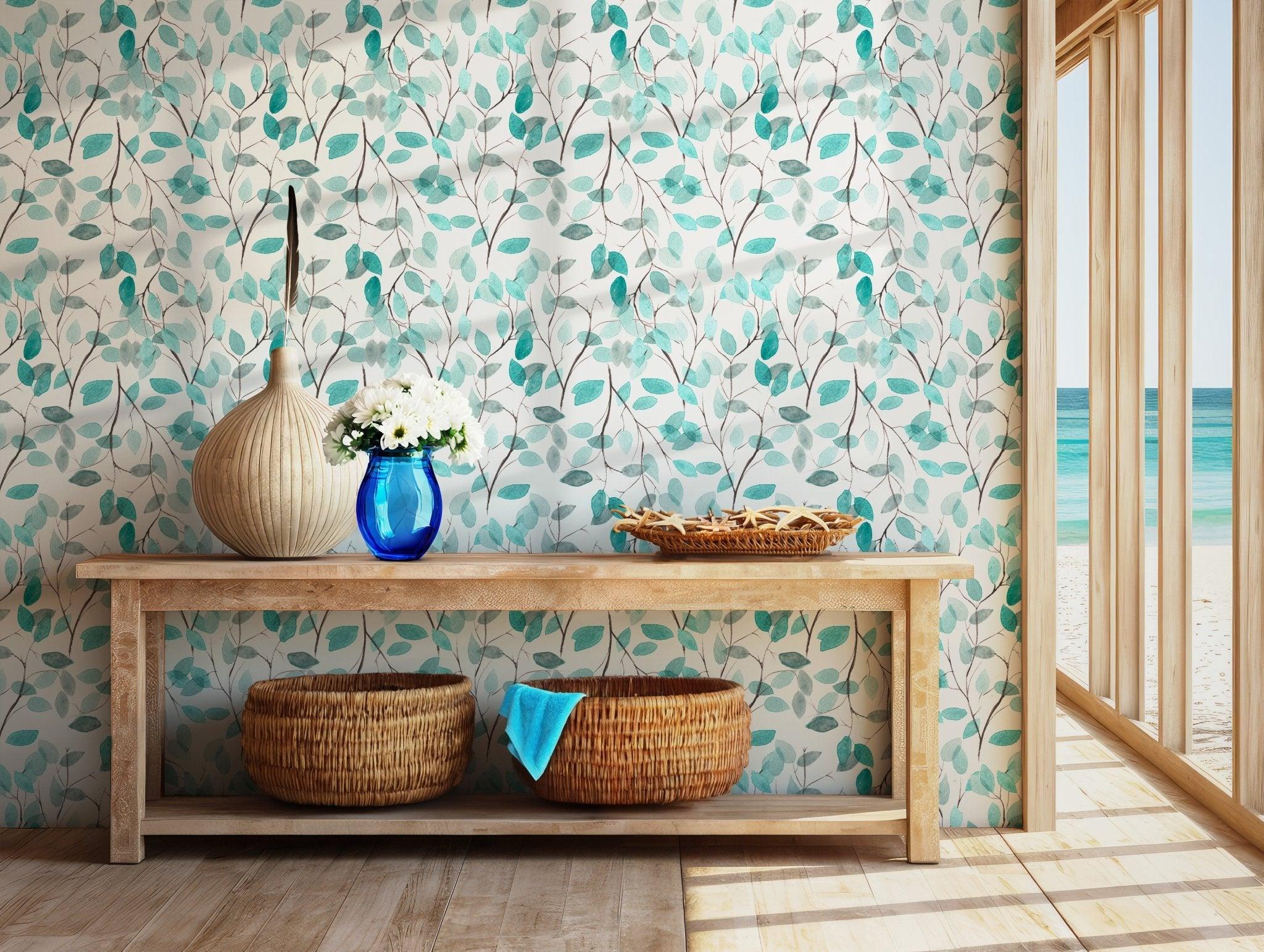 Teal Watercolor Branches Wallpaper - Peel and Stick - Leaf Design Calming Nature Ambiance BV237