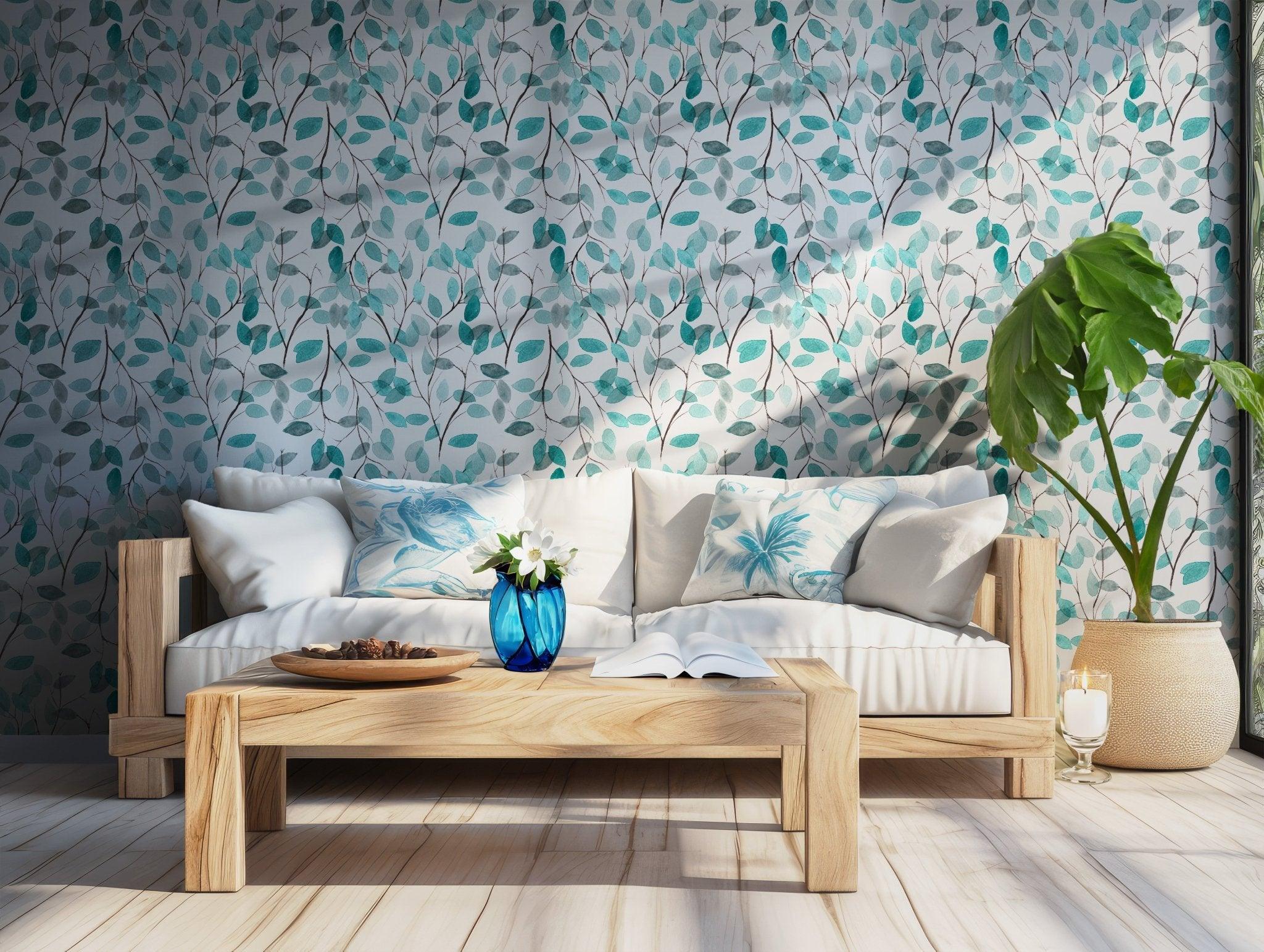 Teal Watercolor Branches Wallpaper - Peel and Stick - Leaf Design Calming Nature Ambiance BV237