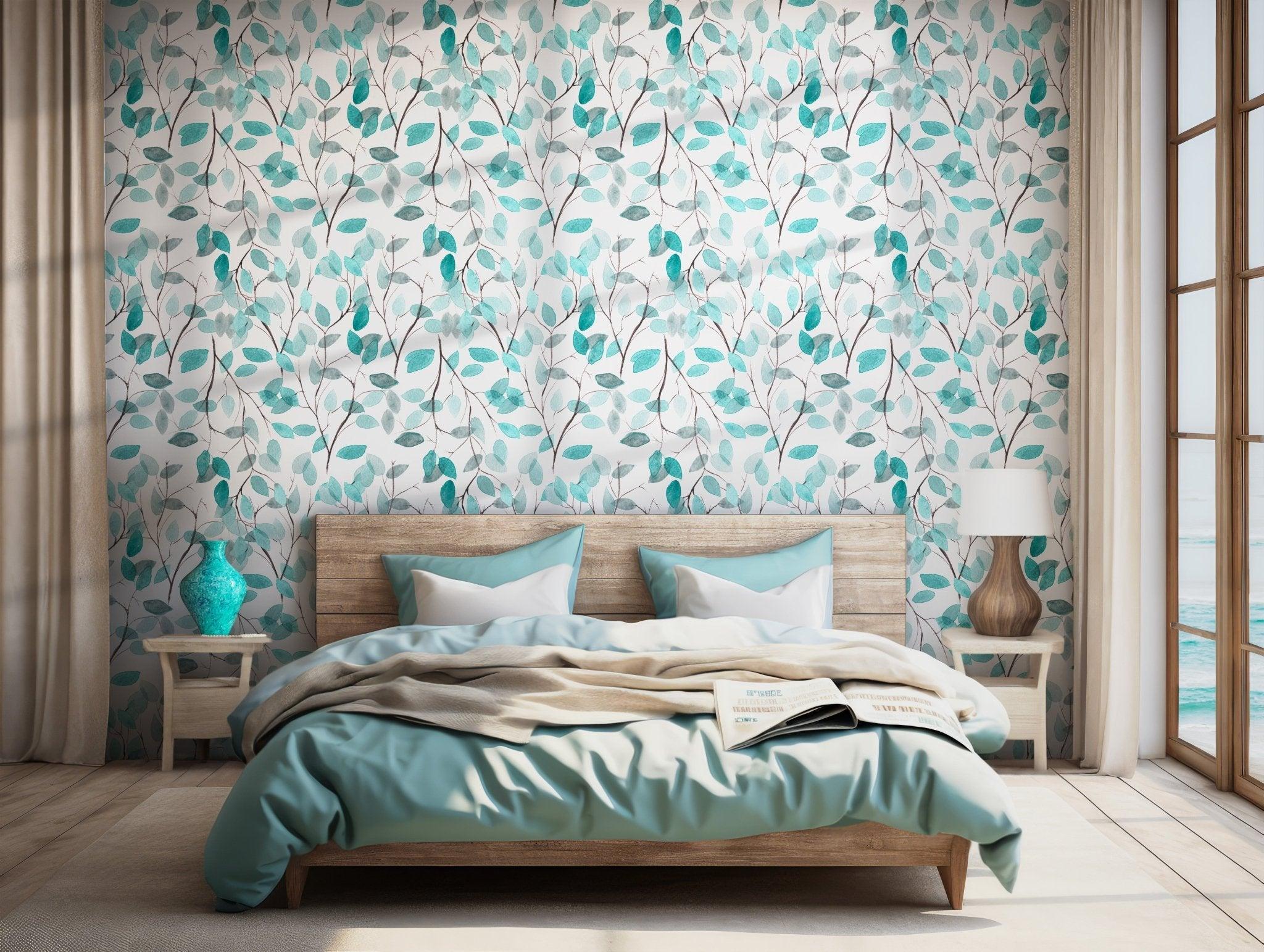Teal Watercolor Branches Wallpaper - Peel and Stick - Leaf Design Calming Nature Ambiance BV237