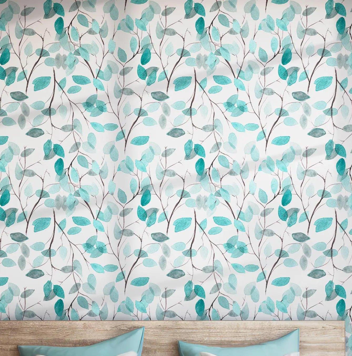 Teal Watercolor Branches Wallpaper - Peel and Stick - Leaf Design Calming Nature Ambiance BV237