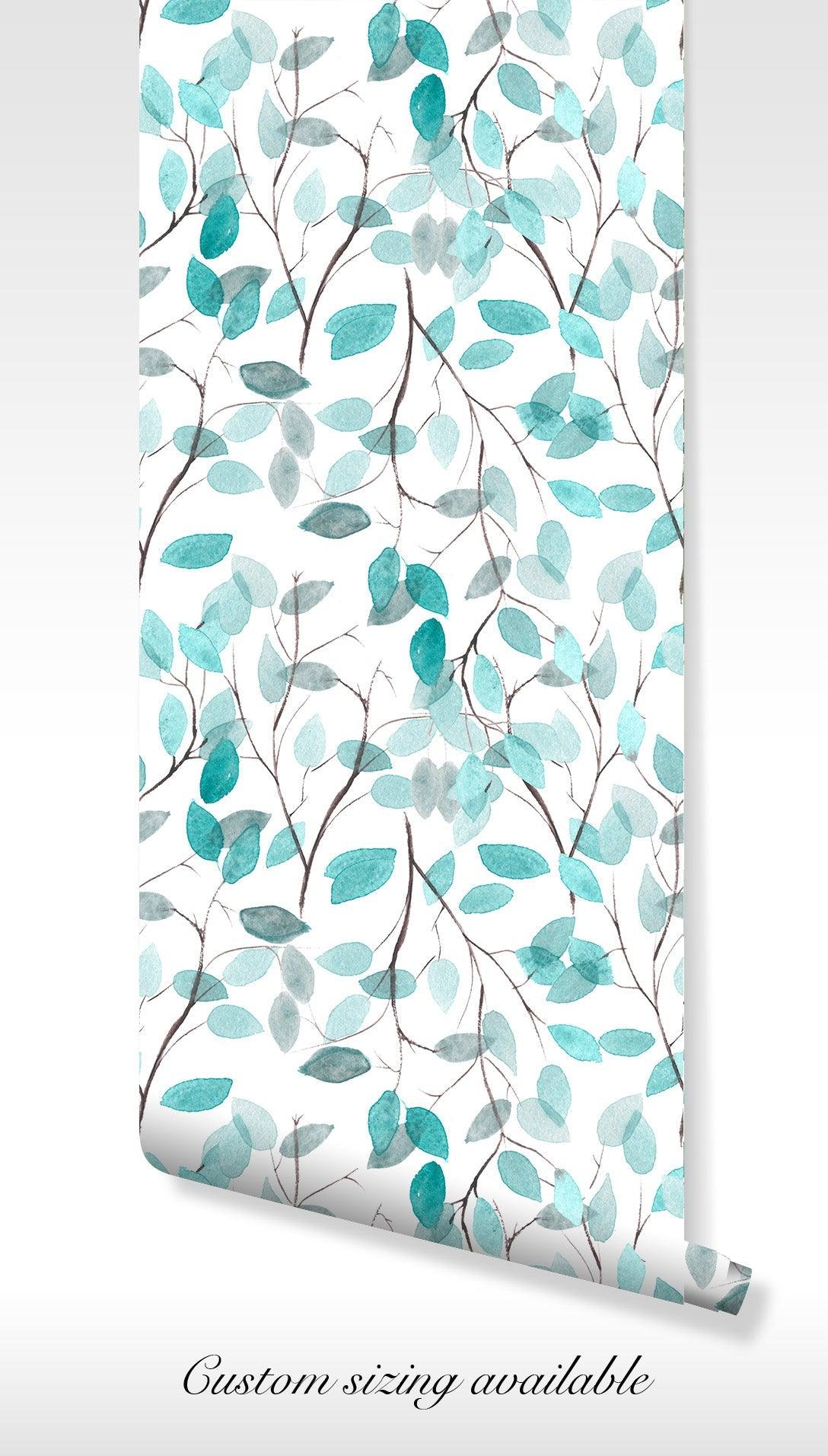 Teal Watercolor Branches Wallpaper - Peel and Stick - Leaf Design Calming Nature Ambiance BV237