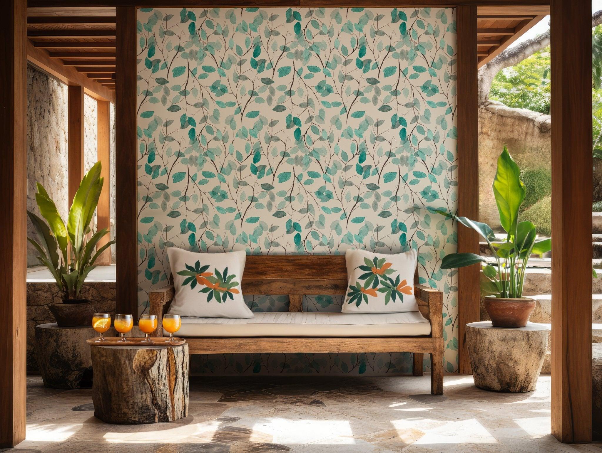 Teal Watercolor Branches Wallpaper - Peel and Stick - Leaf Design Calming Nature Ambiance BV237