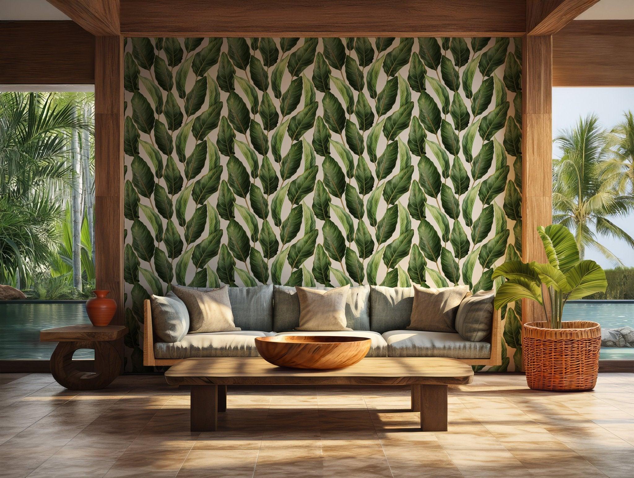 Green Banana Palm Leaves Wallpaper - Temporary Peel and Stick - Tropical Lush Jungle Botanical BV097