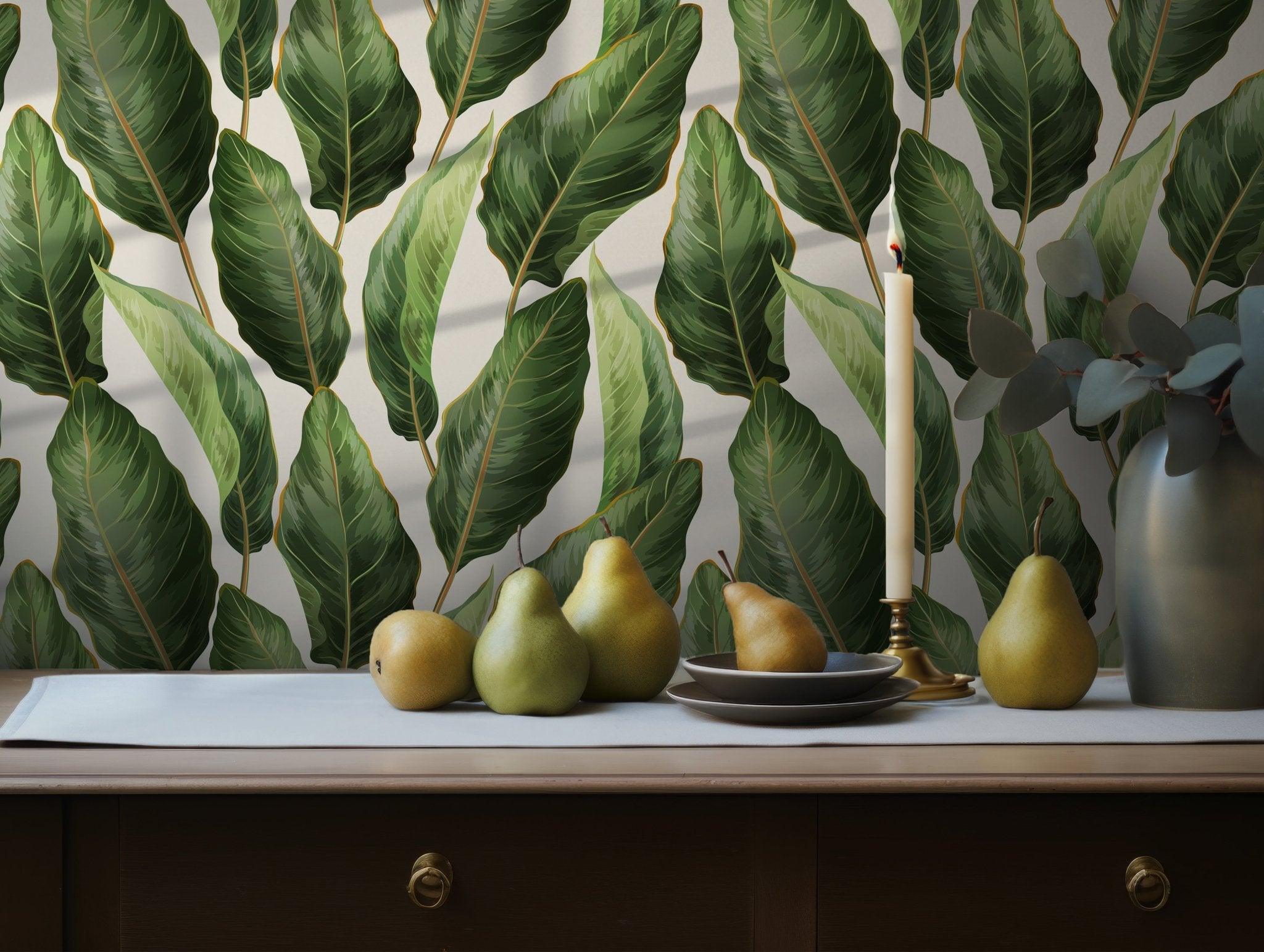 Temporary Green Tropical Banana Leaves Lush - Self Adhesive Wallpaper - Jungle Palm Botanical Peel and Stick BV097