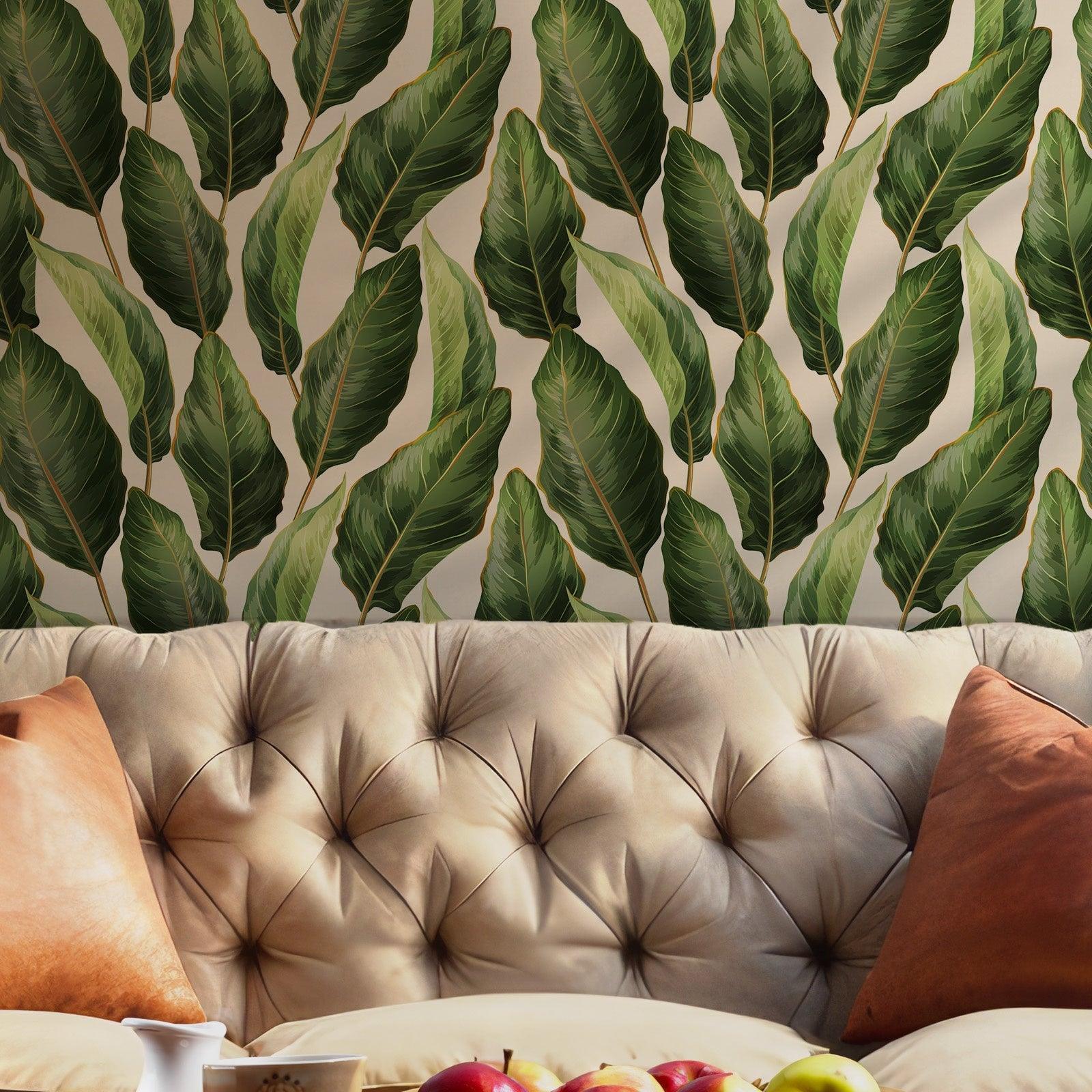 Green Banana Palm Leaves Wallpaper - Temporary Peel and Stick - Tropical Lush Jungle Botanical BV097