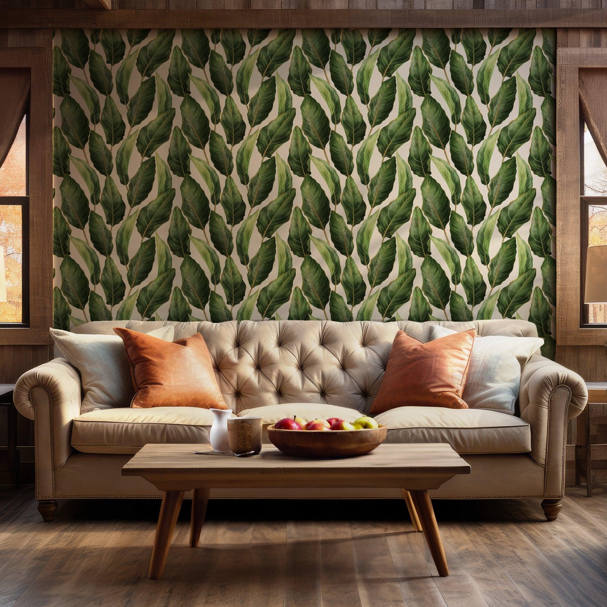 Temporary Green Tropical Banana Leaves Lush - Self Adhesive Wallpaper - Jungle Palm Botanical Peel and Stick BV097