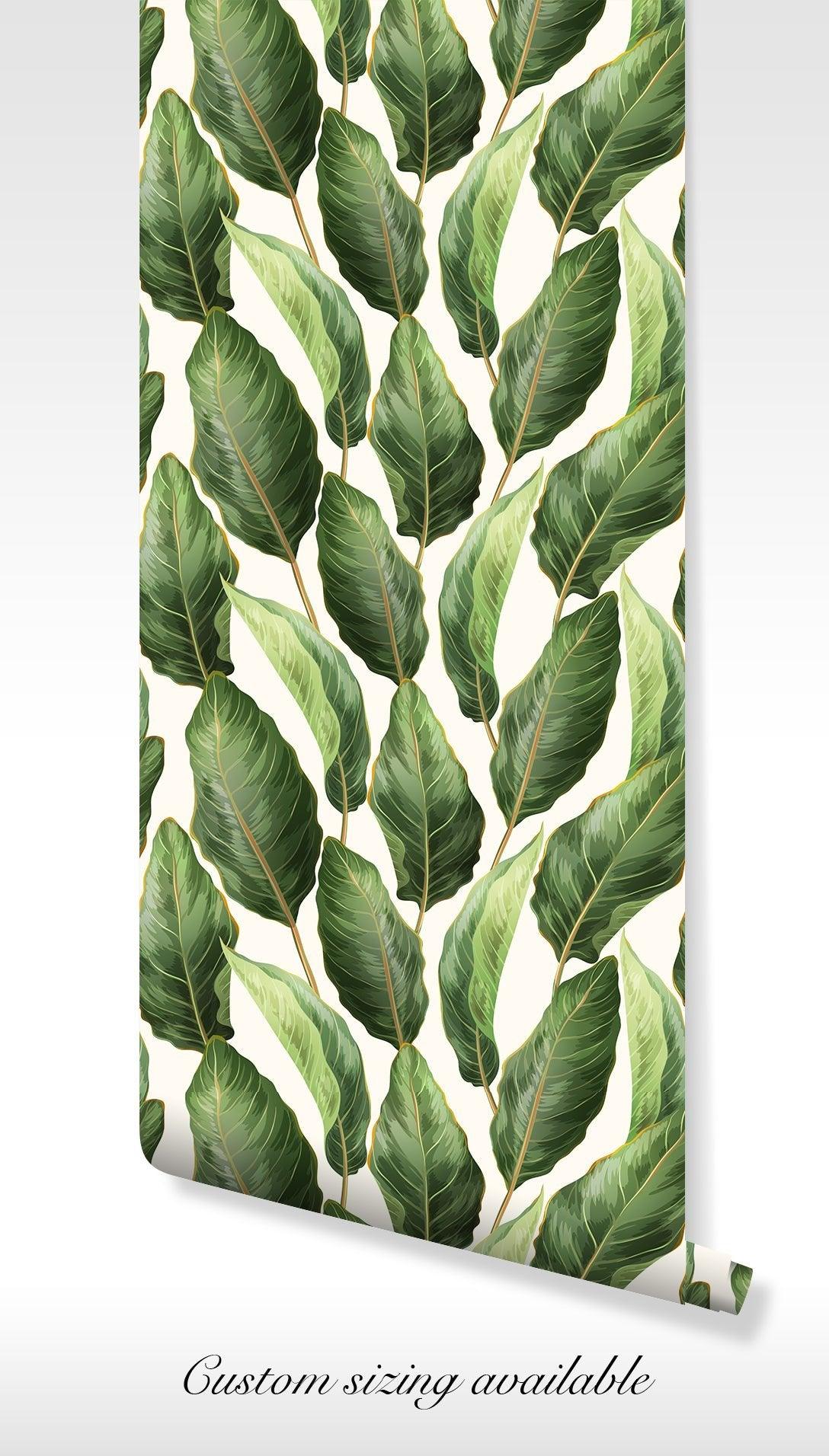Green Banana Palm Leaves Wallpaper - Temporary Peel and Stick - Tropical Lush Jungle Botanical BV097