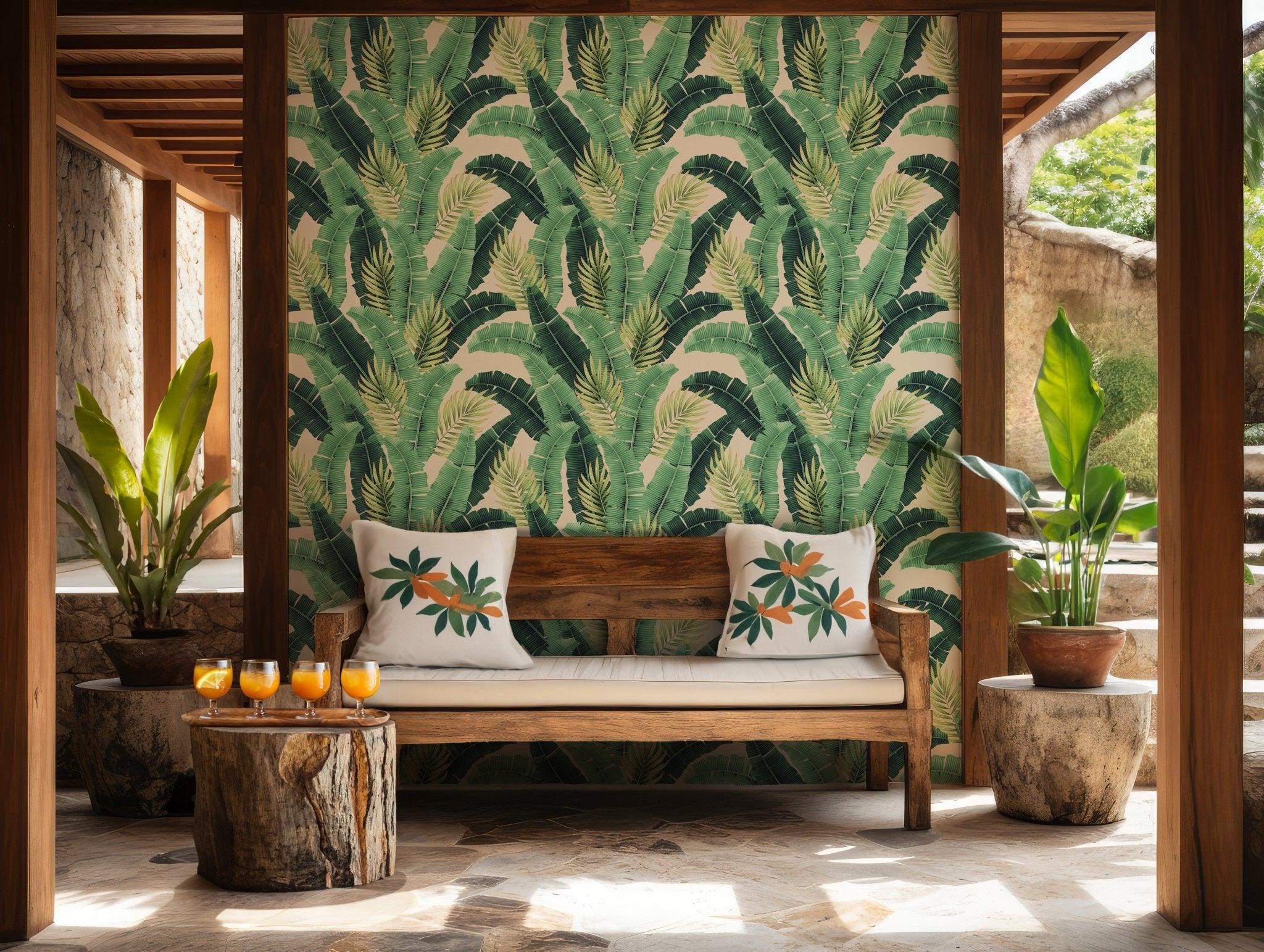 Watercolor Green Leaves Wallpaper - Temporary Self Adhesive - Tropical Palm Banana Leaf BV147