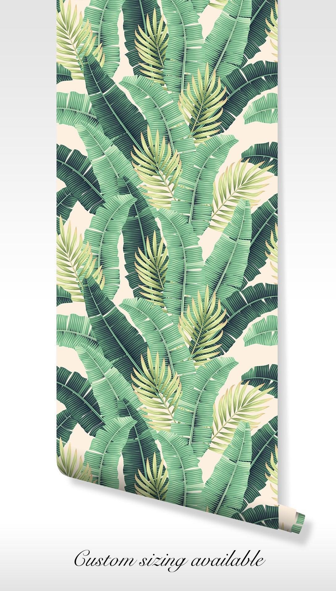 Watercolor Green Leaves Wallpaper - Temporary Self Adhesive - Tropical Palm Banana Leaf BV147