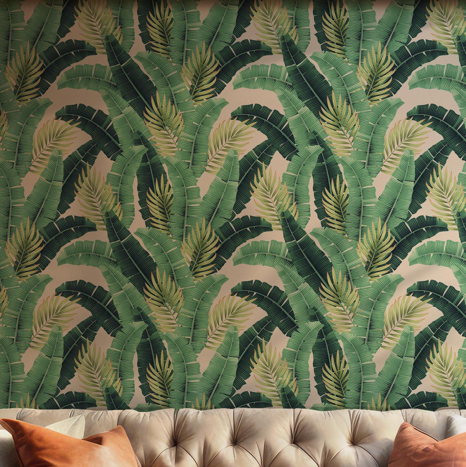 Watercolor Green Leaves Wallpaper - Temporary Self Adhesive - Tropical Palm Banana Leaf BV147