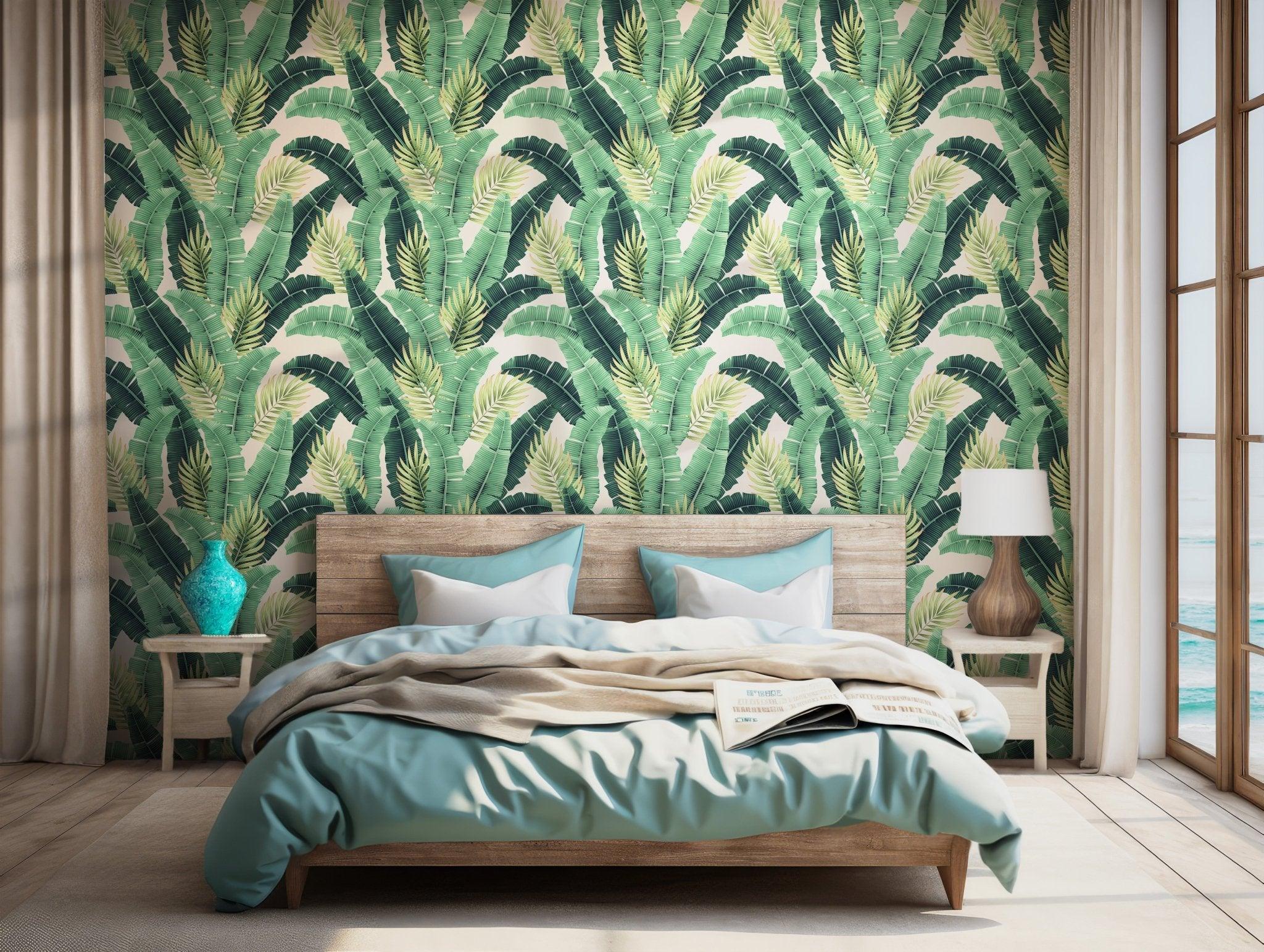 Watercolor Green Leaves Wallpaper - Temporary Self Adhesive - Tropical Palm Banana Leaf BV147