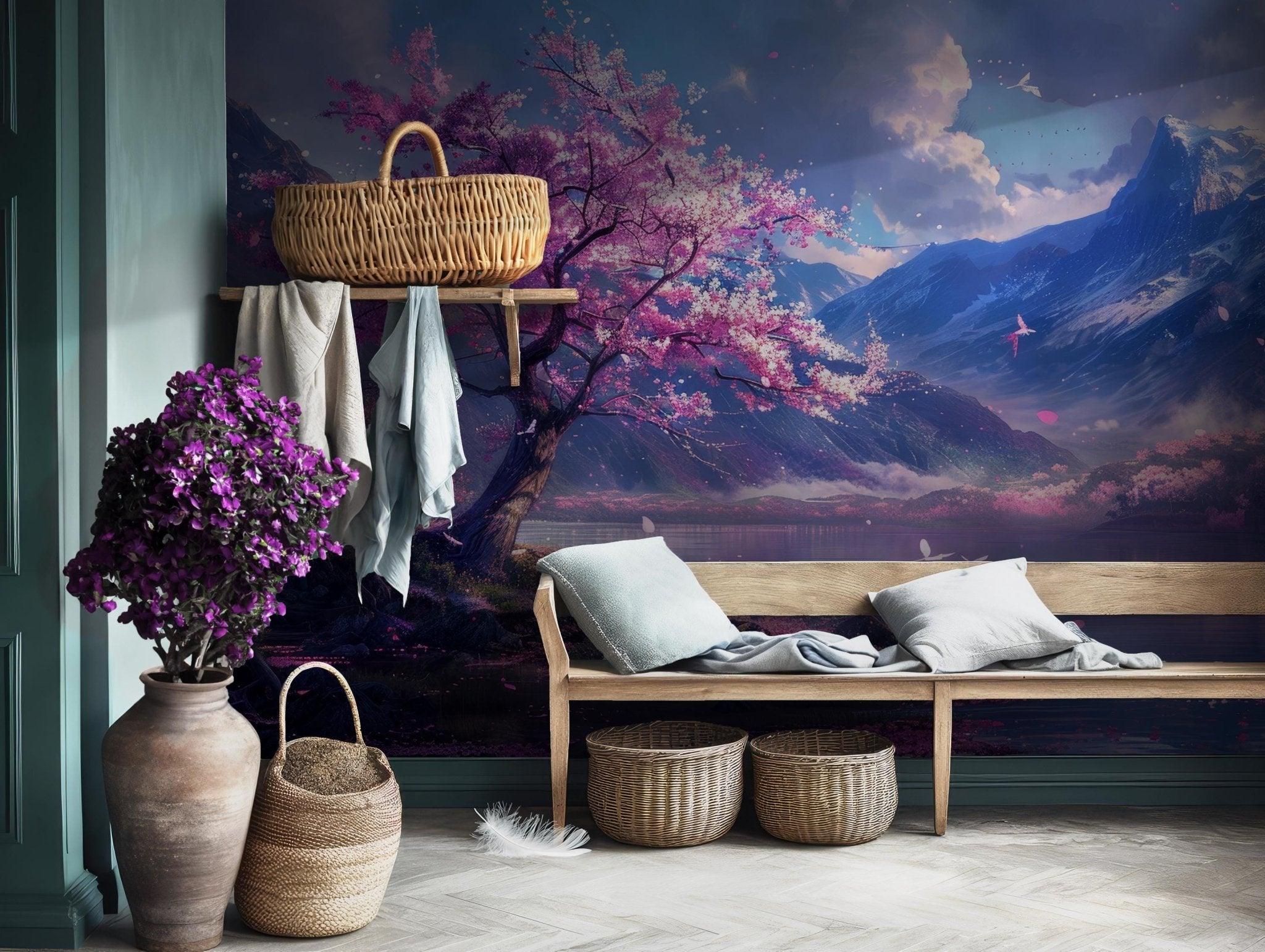Tree Mountains Blue Sky Wallpaper - Self Adhesive Peel and Stick Wall Mural - Landscape Pink Floating Flowers Clouds BV204