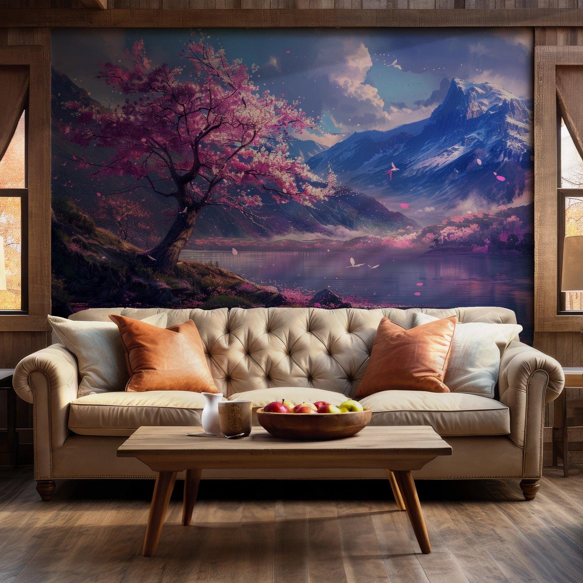 Tree Mountains Blue Sky Wallpaper - Self Adhesive Peel and Stick Wall Mural - Landscape Pink Floating Flowers Clouds BV204