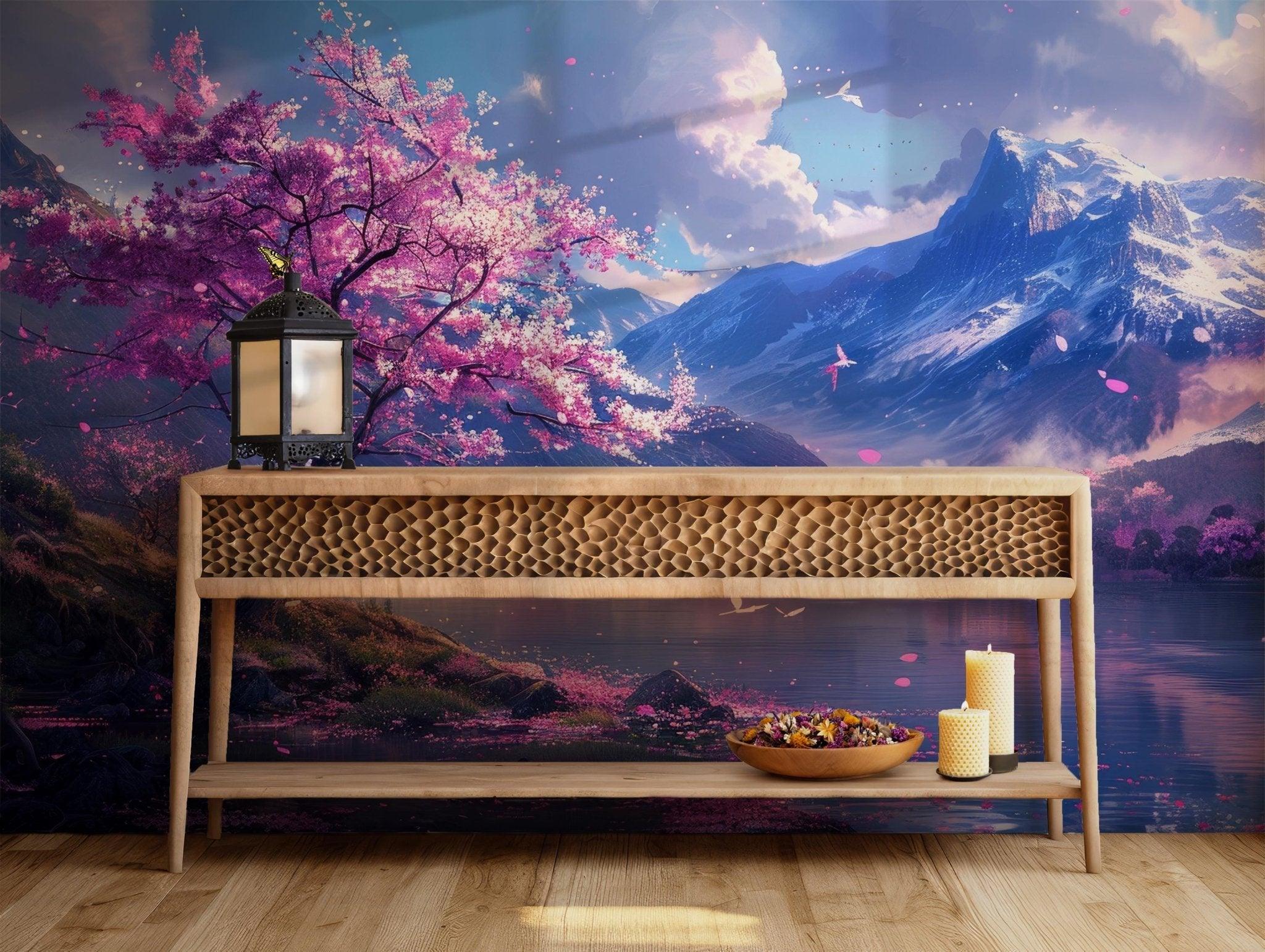 Tree Mountains Blue Sky Wallpaper - Self Adhesive Peel and Stick Wall Mural - Landscape Pink Floating Flowers Clouds BV204