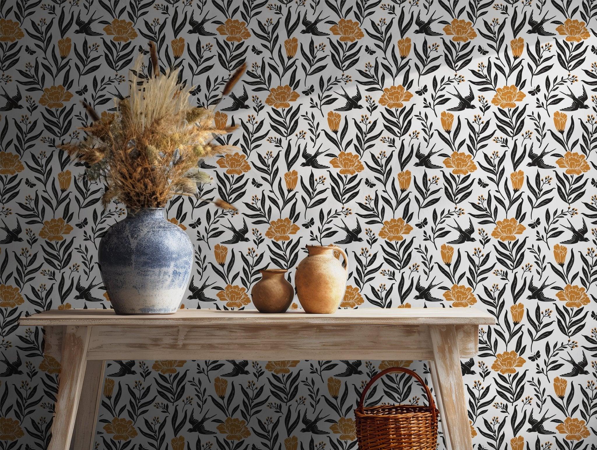 Vintage floral and bird design in black and orange tones with hand-drawn leaves and swallows. Perfect for temporary wallpaper or removable wallpaper, this repeating botanical style is ideal for adding elegant charm to modern or classic interiors without permanent commitment.