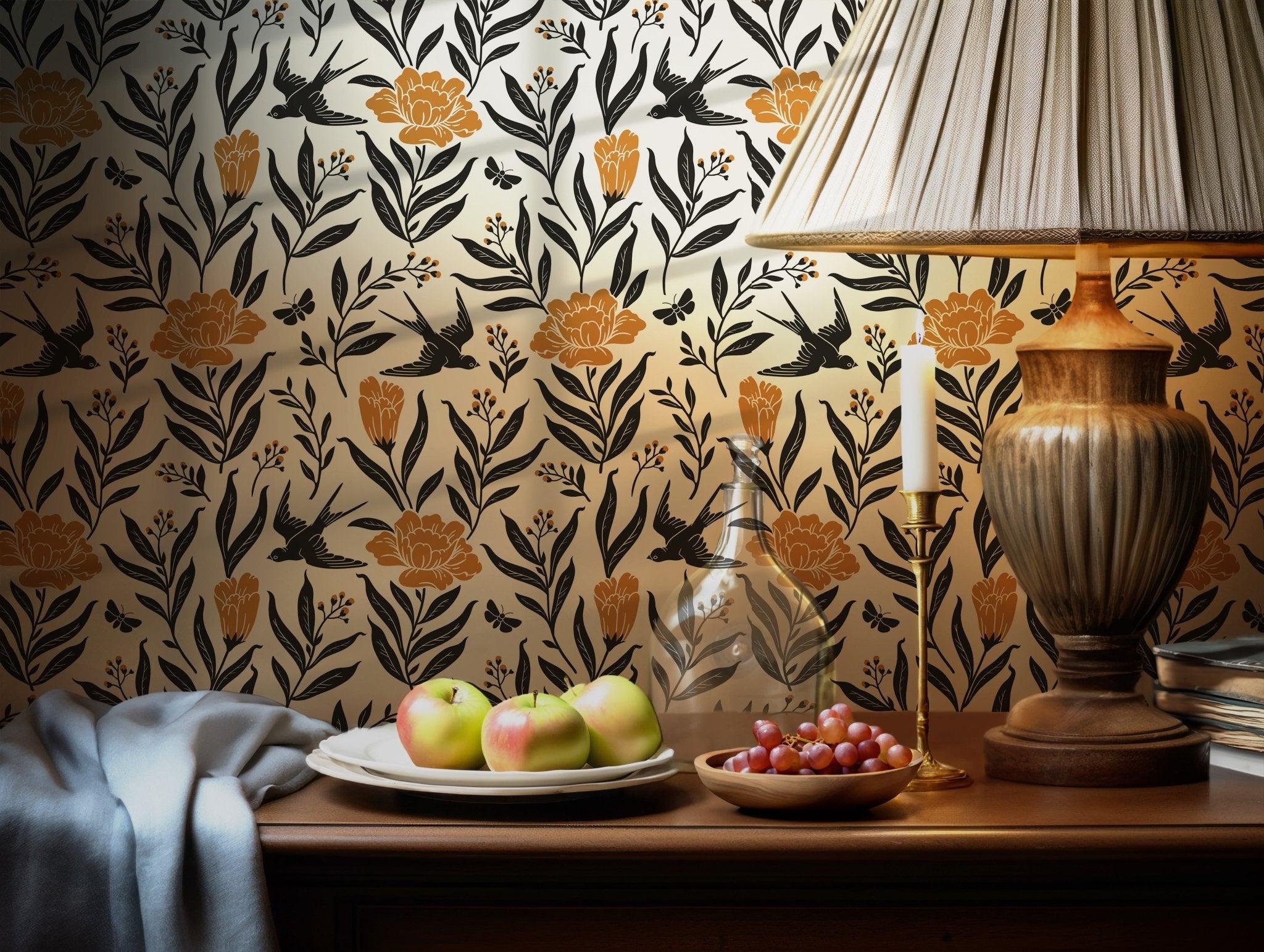 Elegant vintage floral pattern with orange flowers, botanical leaves, and birds. This seamless design is ideal for removable wallpaper, offering renters or DIY decorators a sophisticated and nature-inspired accent without damaging walls or surfaces.
