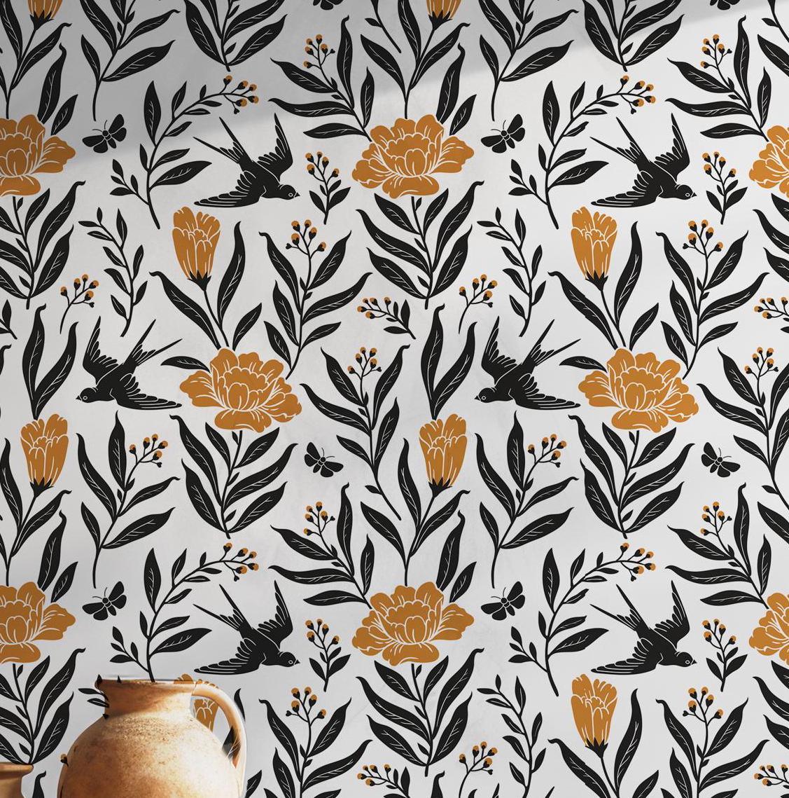 Tropical Bird Wallpaper - Self Adhesive Peel and Stick - Green Leaves Jungle Flowers BV113