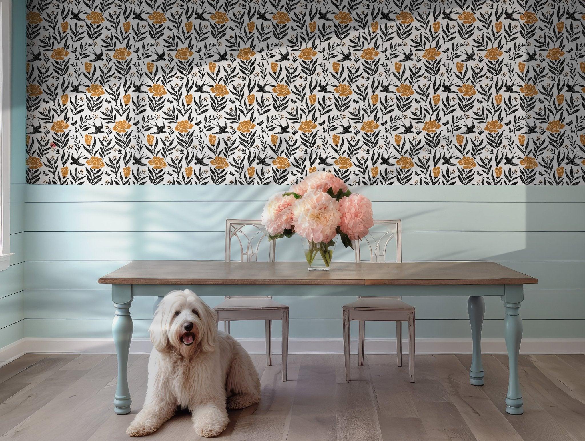 Tropical Bird Wallpaper - Self Adhesive Peel and Stick - Green Leaves Jungle Flowers BV113