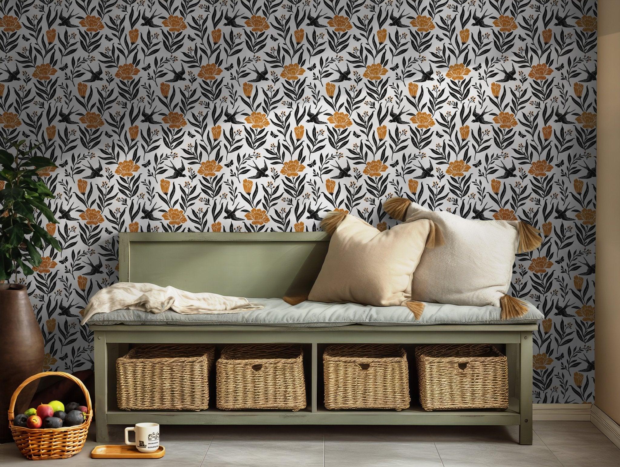 Tropical Bird Wallpaper - Self Adhesive Peel and Stick - Green Leaves Jungle Flowers BV113