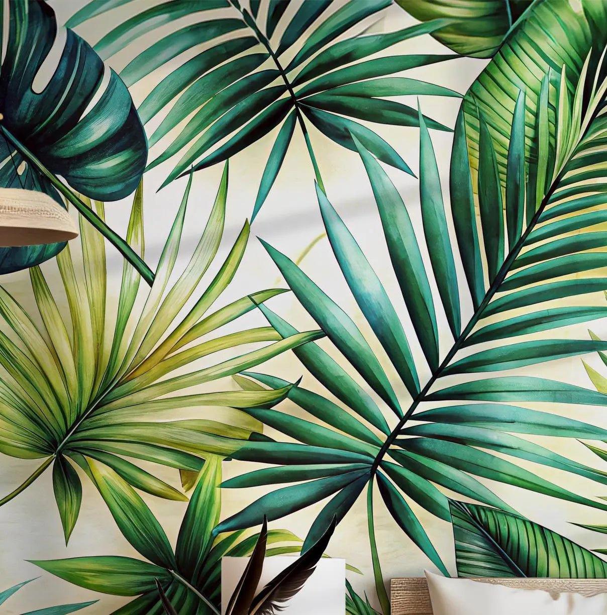 Tropical Botanical Peel and Stick Wallpaper - Green Palm Leaves Mural Decal BV126