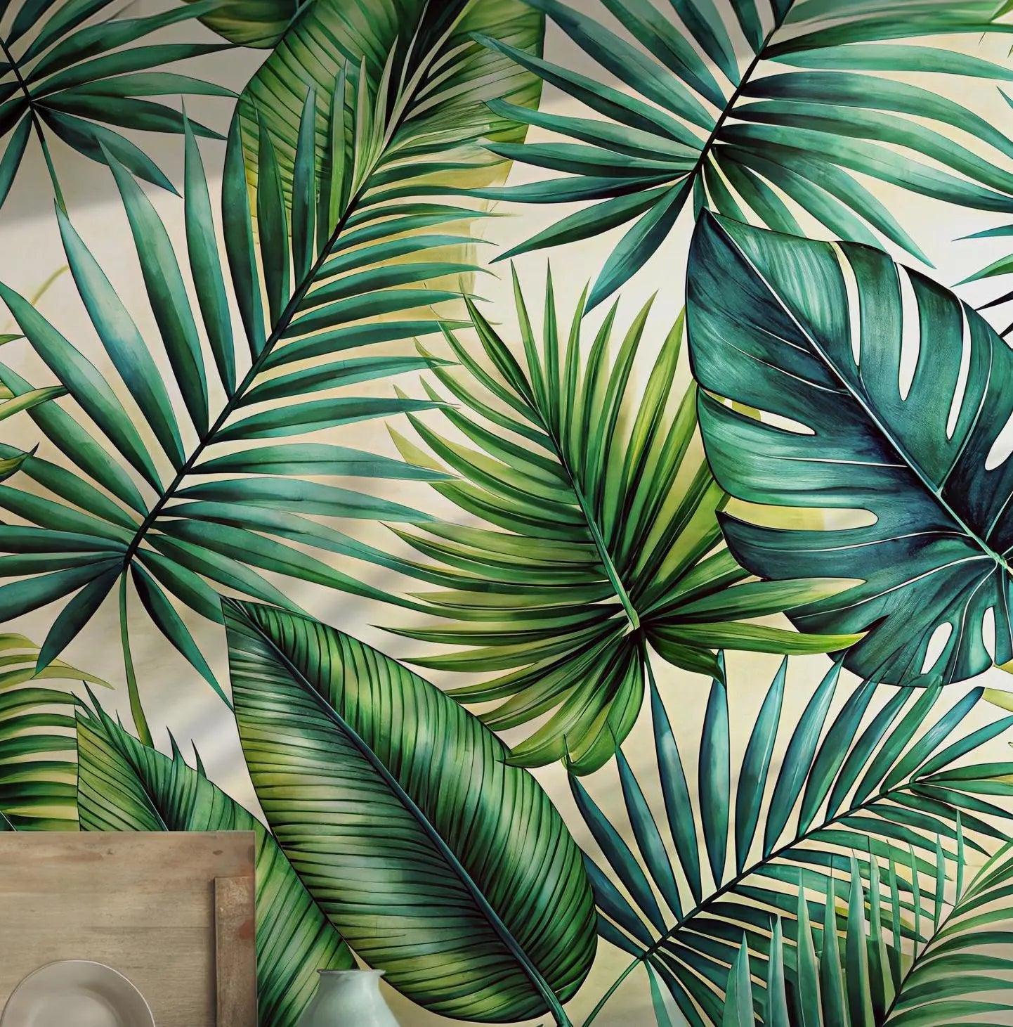 Tropical Botanical Peel and Stick Wallpaper - Green Palm Leaves Mural Decal BV126
