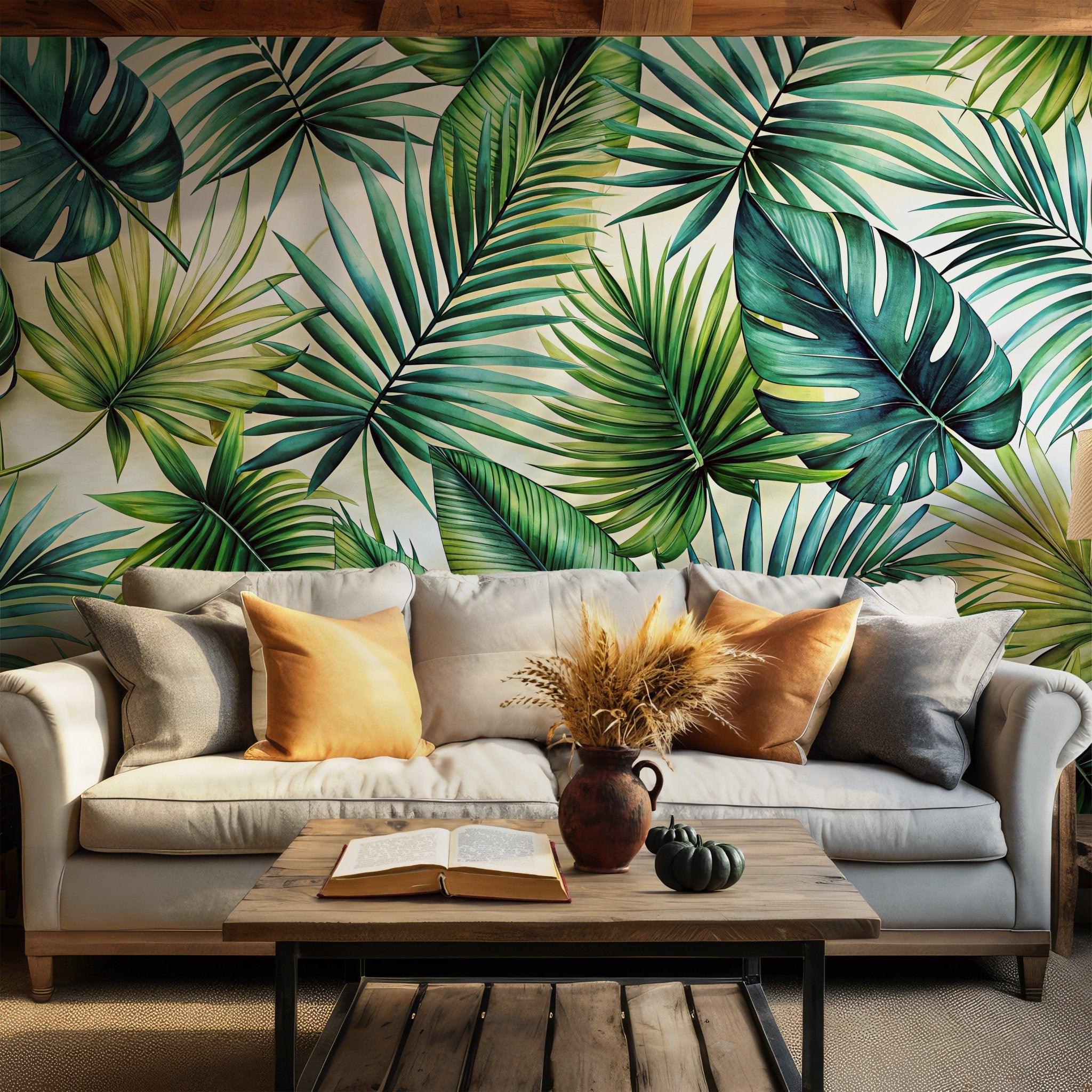 Tropical Botanical Peel and Stick Wallpaper - Green Palm Leaves Mural Decal BV126