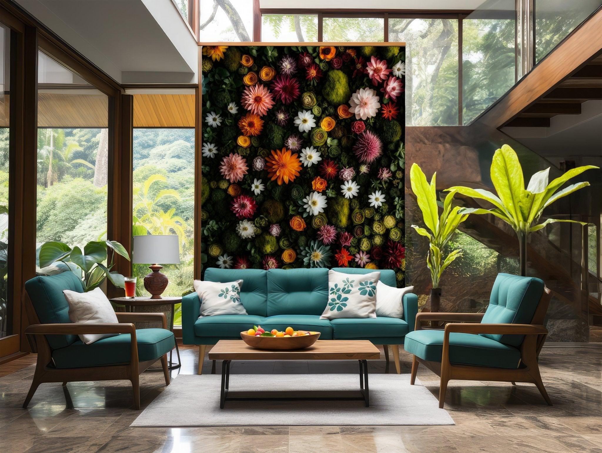 Tropical Flowers Wallpaper - Peel and Stick - Green Jungle Palm Leaves Temporary Decal BV109