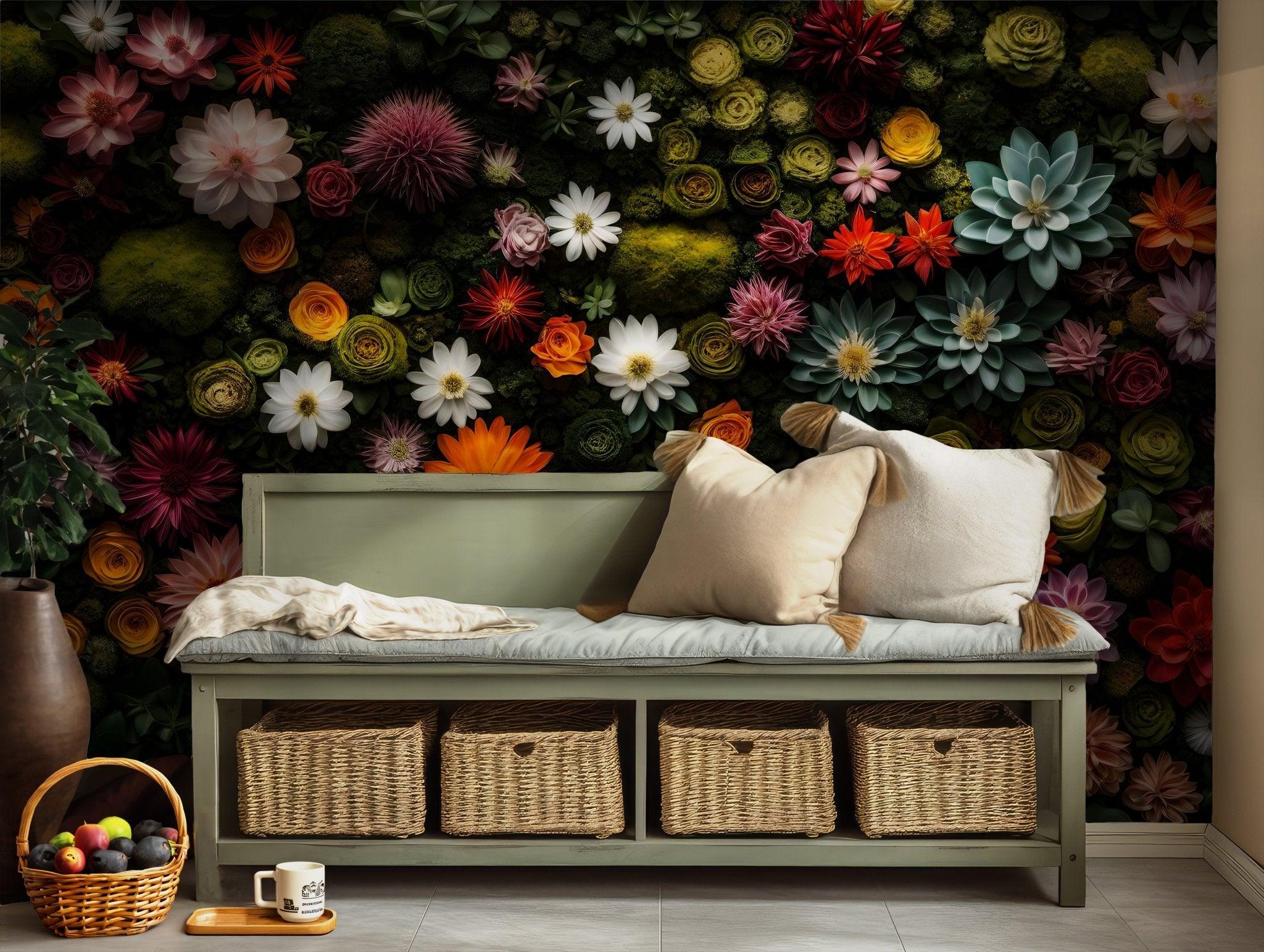 Tropical Flowers Wallpaper - Peel and Stick - Green Jungle Palm Leaves Temporary Decal BV109