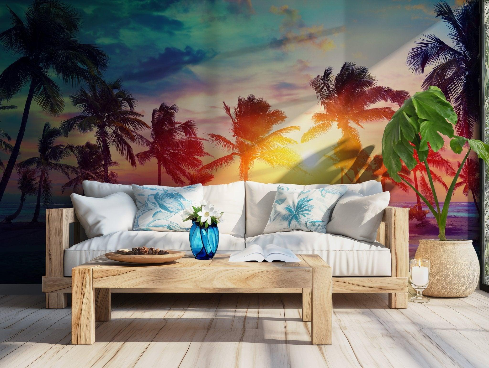 Tropical Island Wallpaper - Paradise Sunset Peel and Stick Wall Mural - Palm Trees Beach Surreal Sky BV183